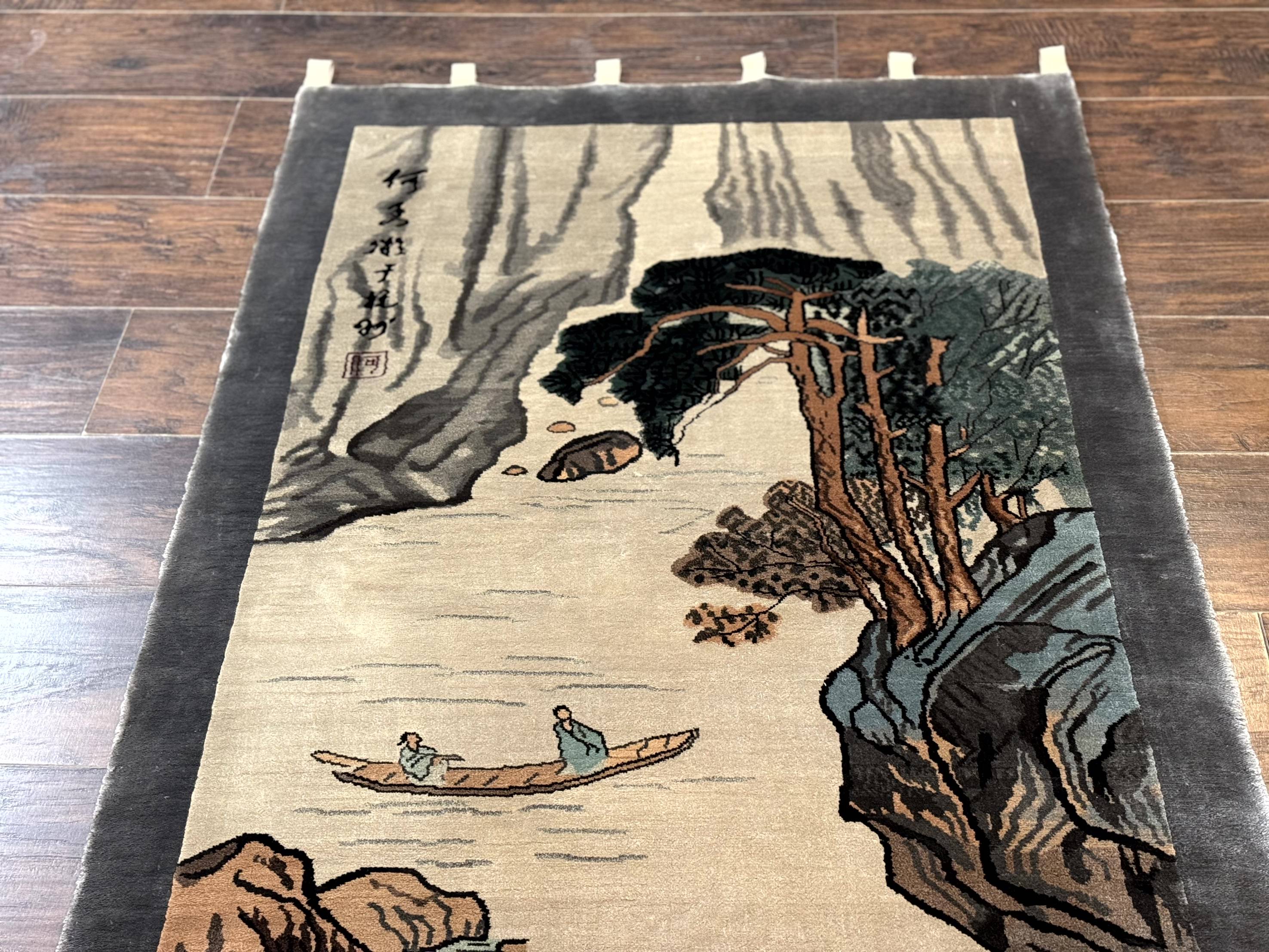Chinese Silk Wall Hanging 3x5, Handmade, River and Boat Scene, Rug Tapestry - Image 4