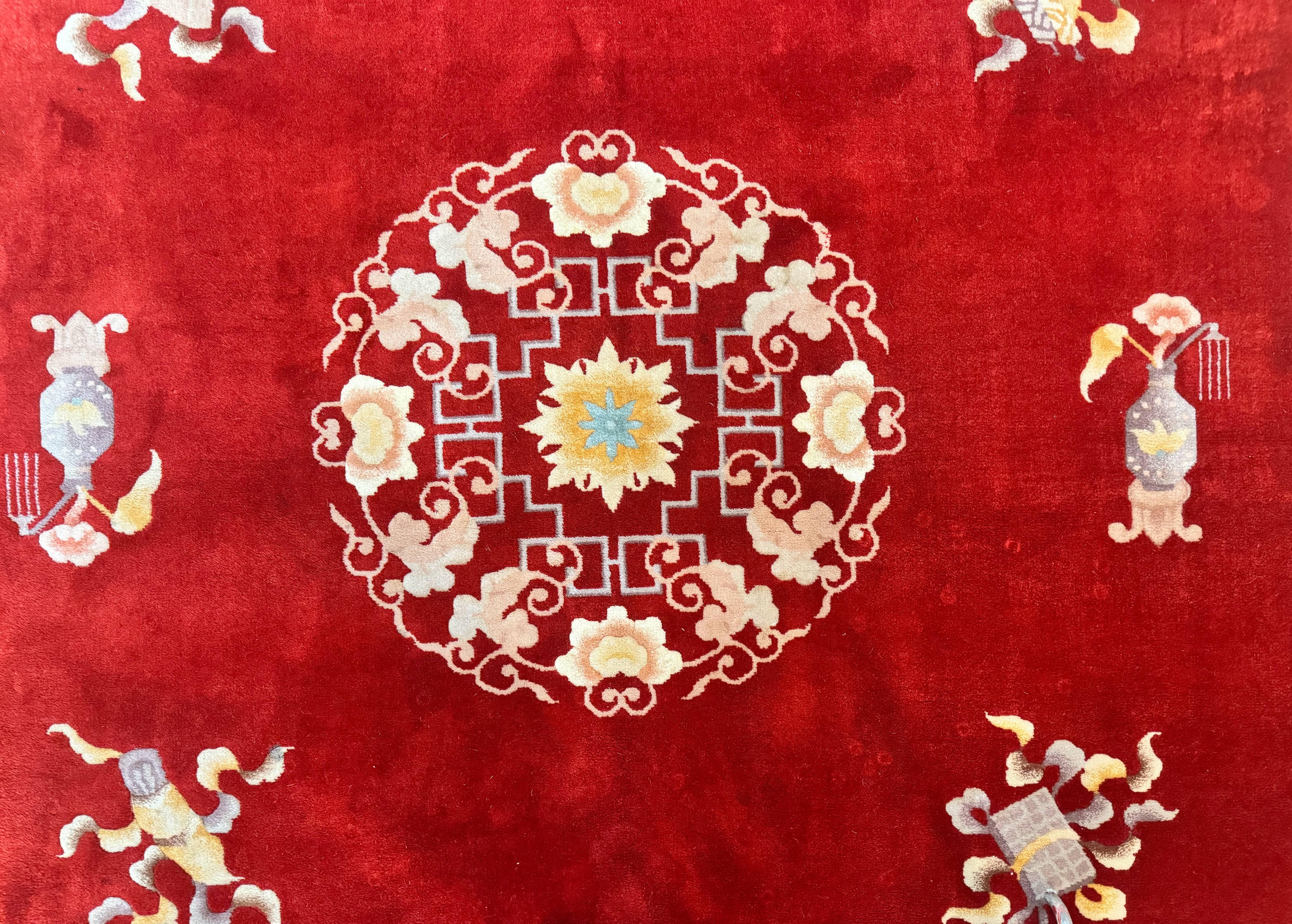 Chinese Wool Rug 8.6 x 11, Red and Beige Asian Oriental Carpet, Plush Pile, Vintage Handmade Chinese Carving Sculpted Rug, Semi Open Field - Image 4