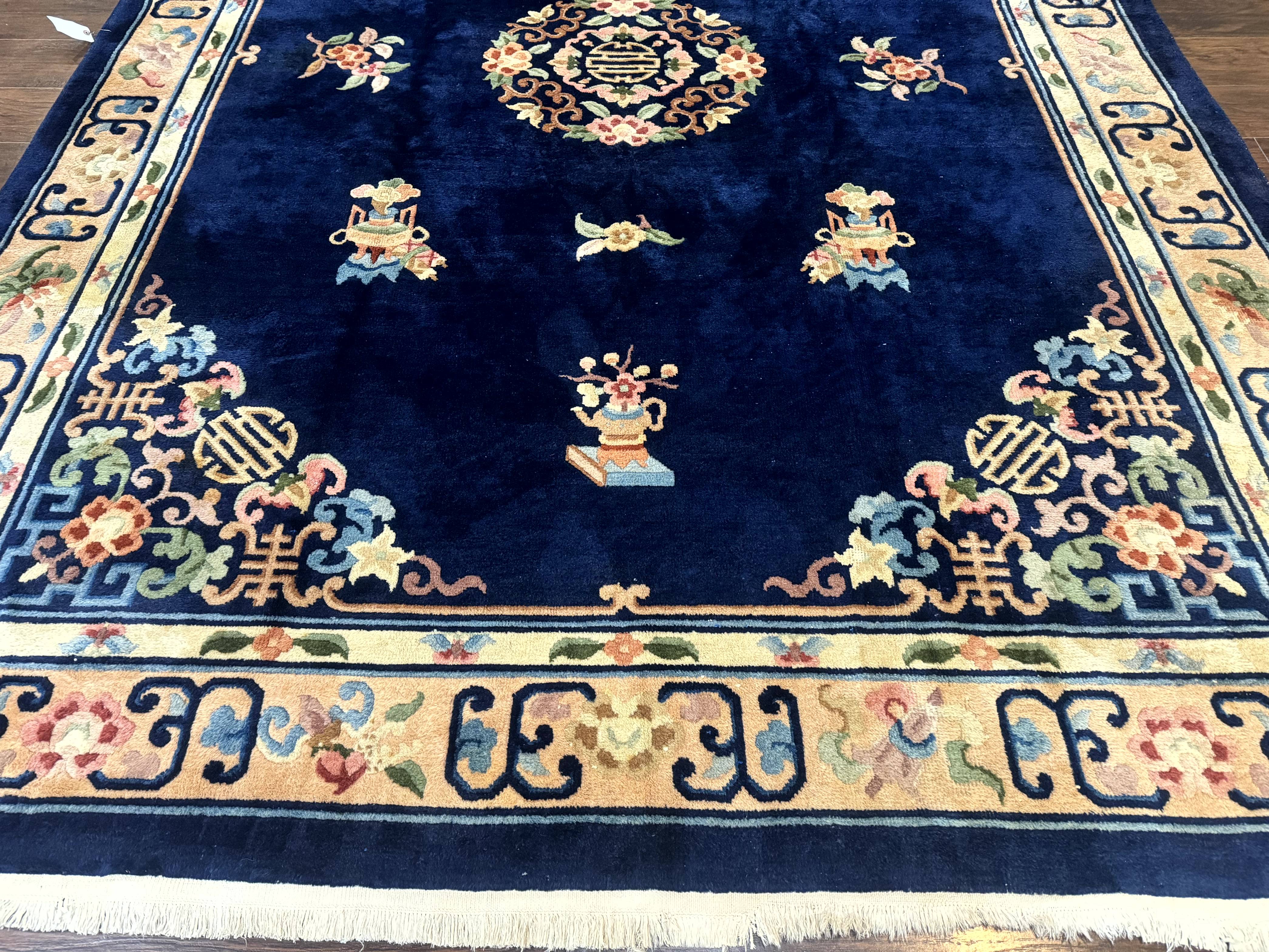 Chinese Wool Rug 8x11, Navy Blue and Beige, Simple Design, Fete Carpet - Image 5