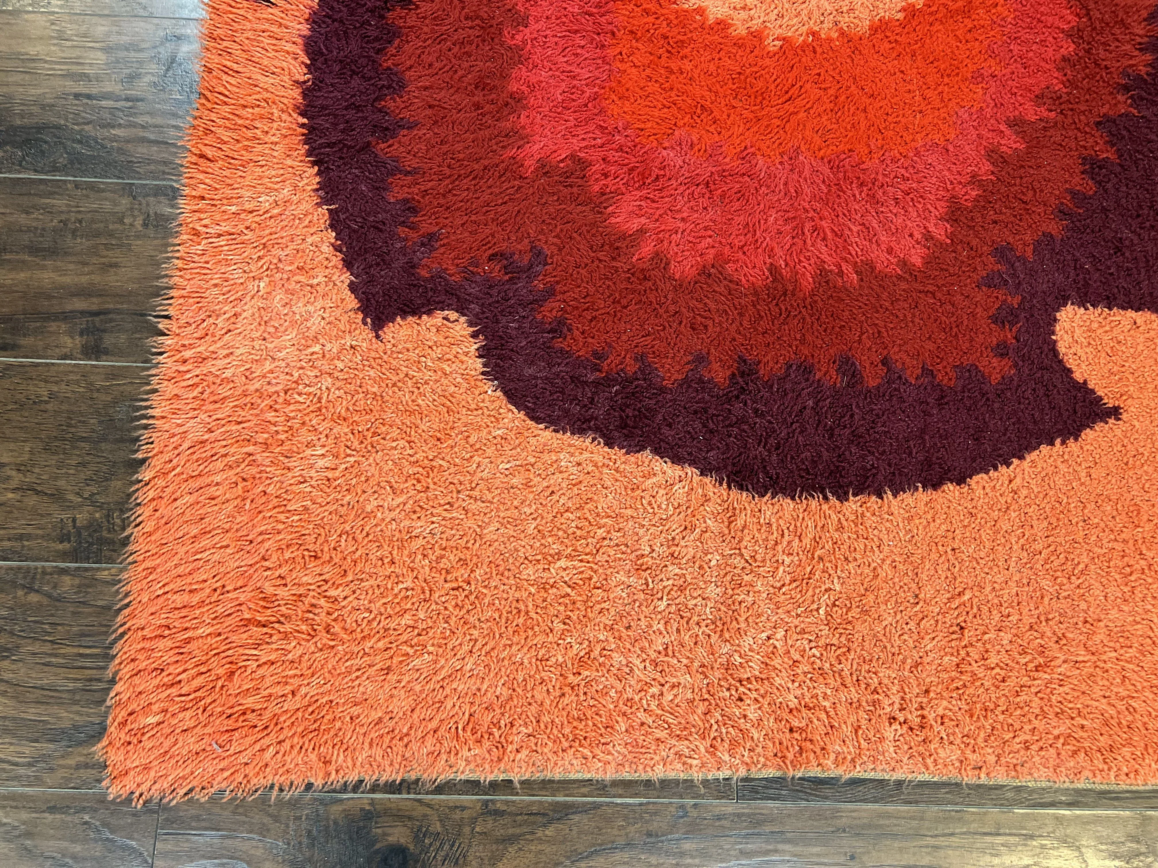 Danish Rya Shag Rug 4x6, Mid Century 1960s Retro Vintage Wool Rug, Shades of Red - Image 9