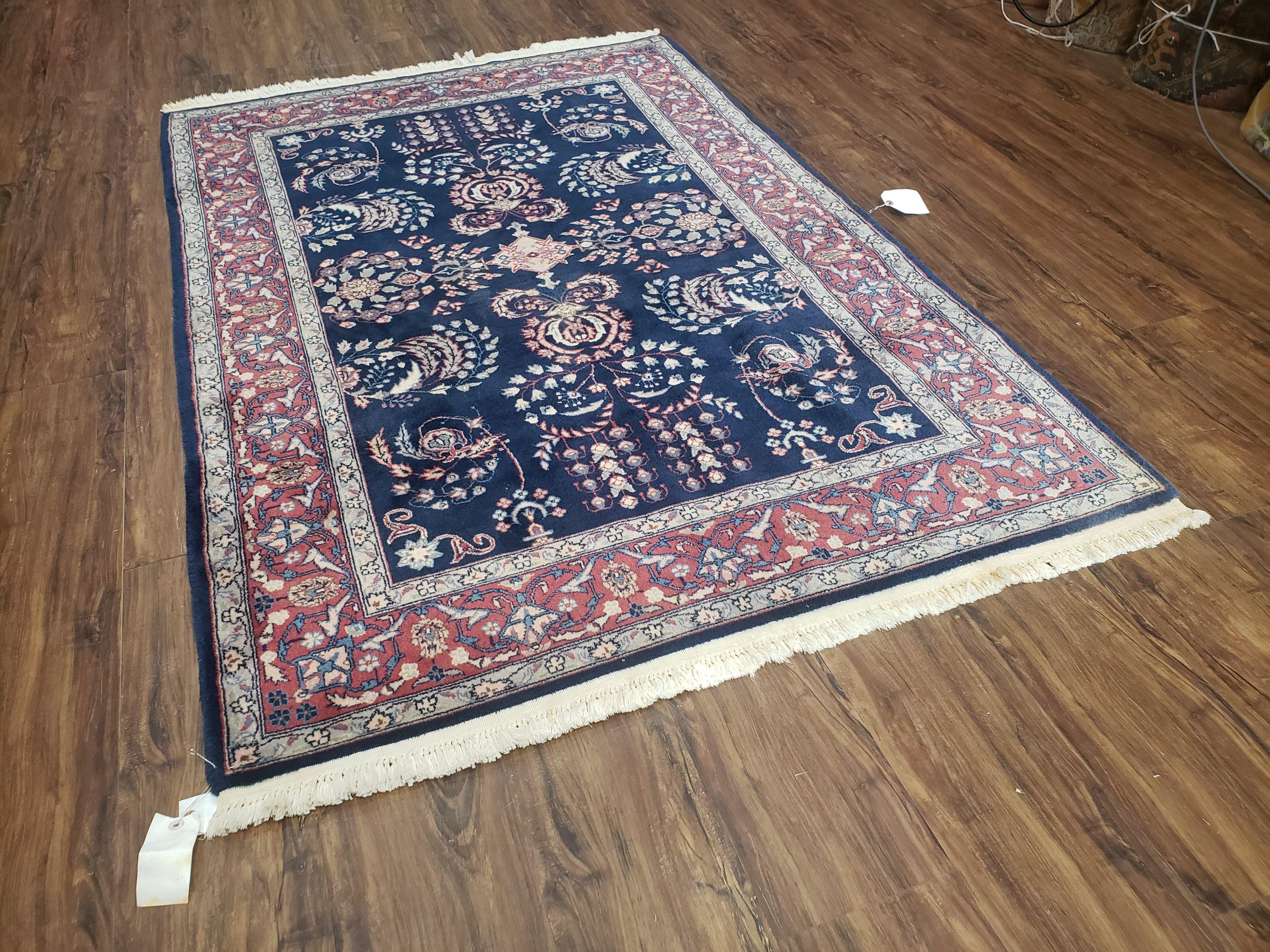 Dark Blue Indo Persian Rug 4x6, Medium Size Hand Knotted Oriental Carpet, Traditional Floral Indian Rug, Blue and Red Entryway Rug, Wool Rug - Image 11