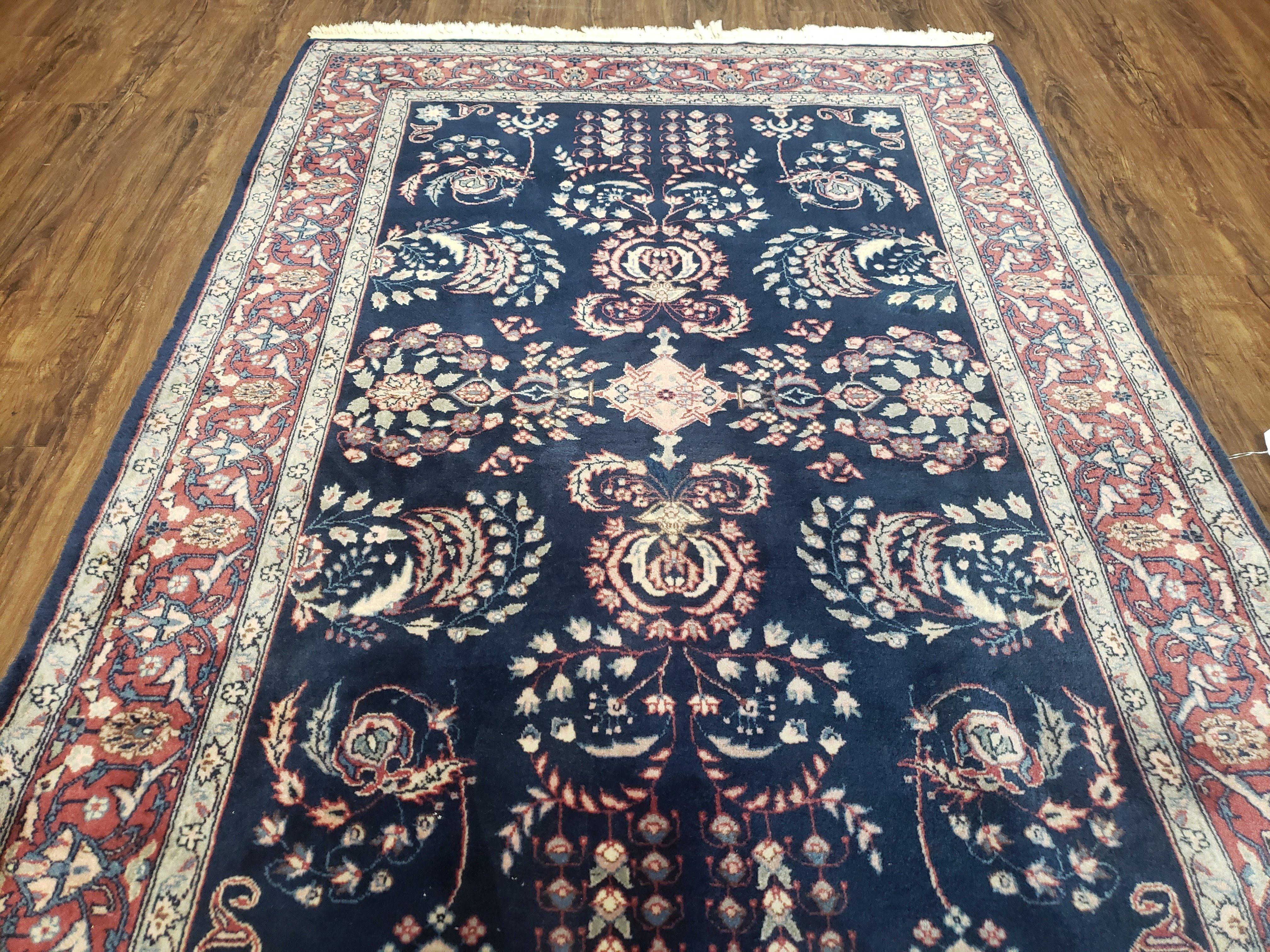 Dark Blue Indo Persian Rug 4x6, Medium Size Hand Knotted Oriental Carpet, Traditional Floral Indian Rug, Blue and Red Entryway Rug, Wool Rug - Image 12