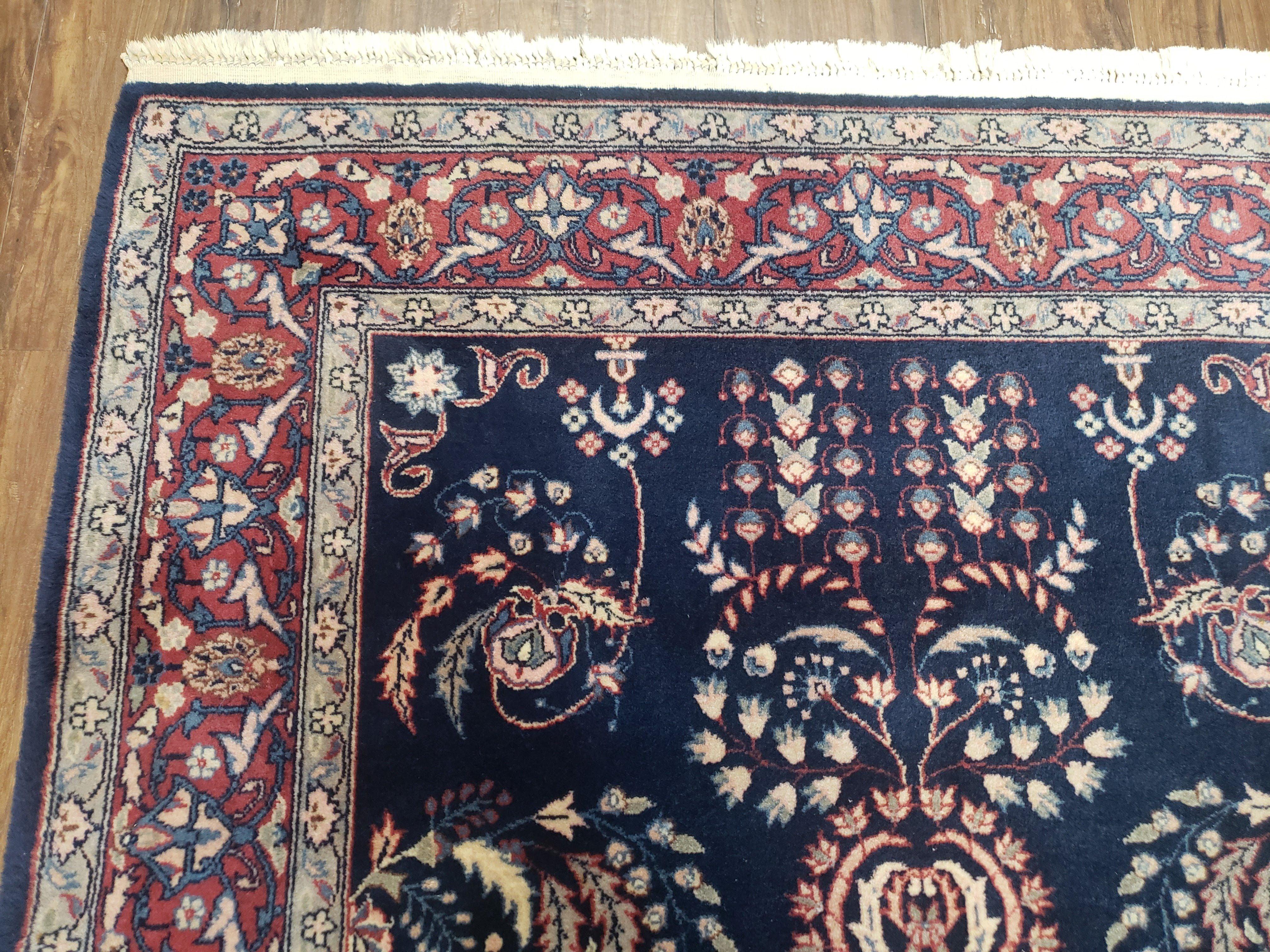 Dark Blue Indo Persian Rug 4x6, Medium Size Hand Knotted Oriental Carpet, Traditional Floral Indian Rug, Blue and Red Entryway Rug, Wool Rug - Image 6