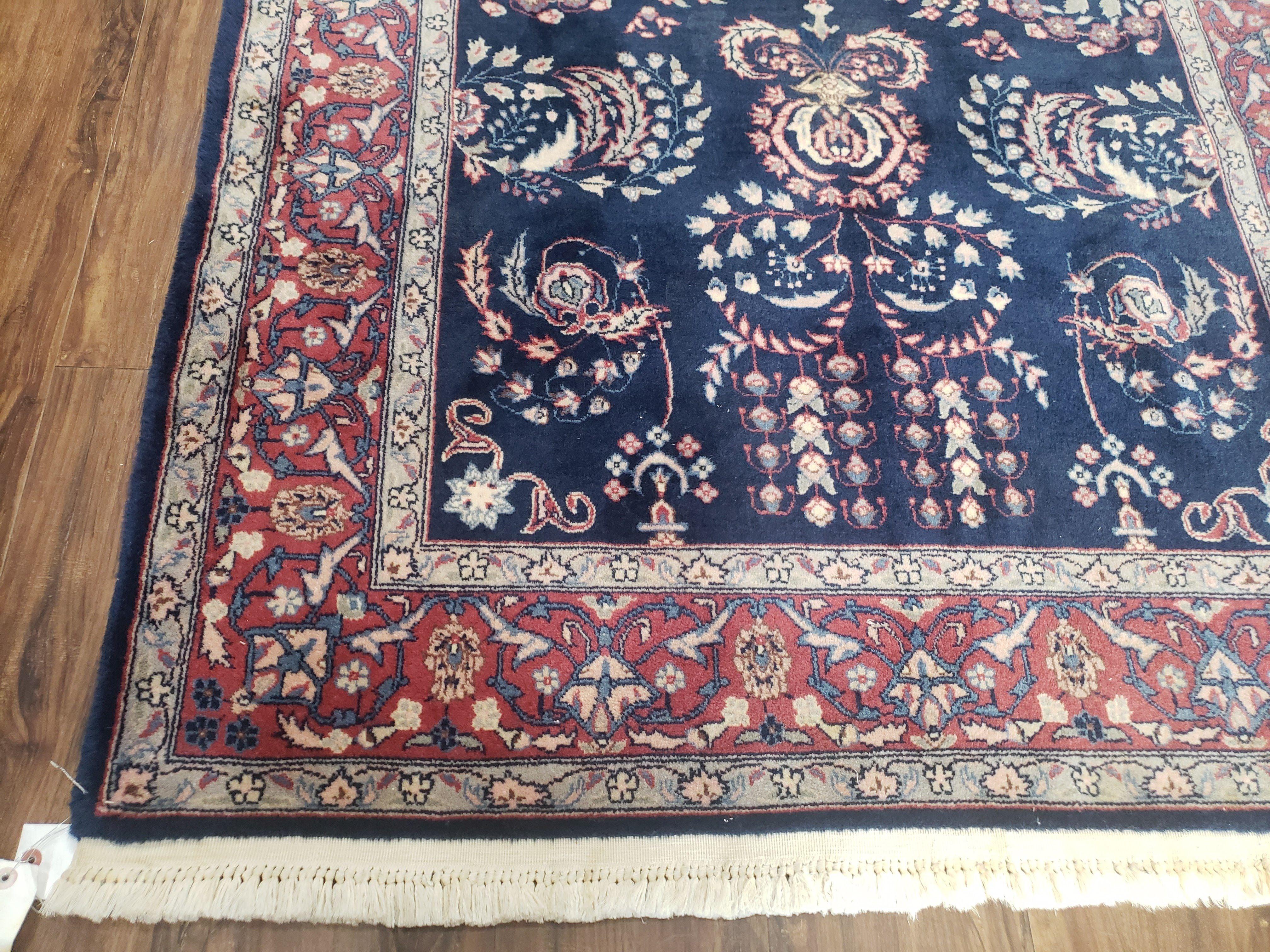 Dark Blue Indo Persian Rug 4x6, Medium Size Hand Knotted Oriental Carpet, Traditional Floral Indian Rug, Blue and Red Entryway Rug, Wool Rug - Image 8