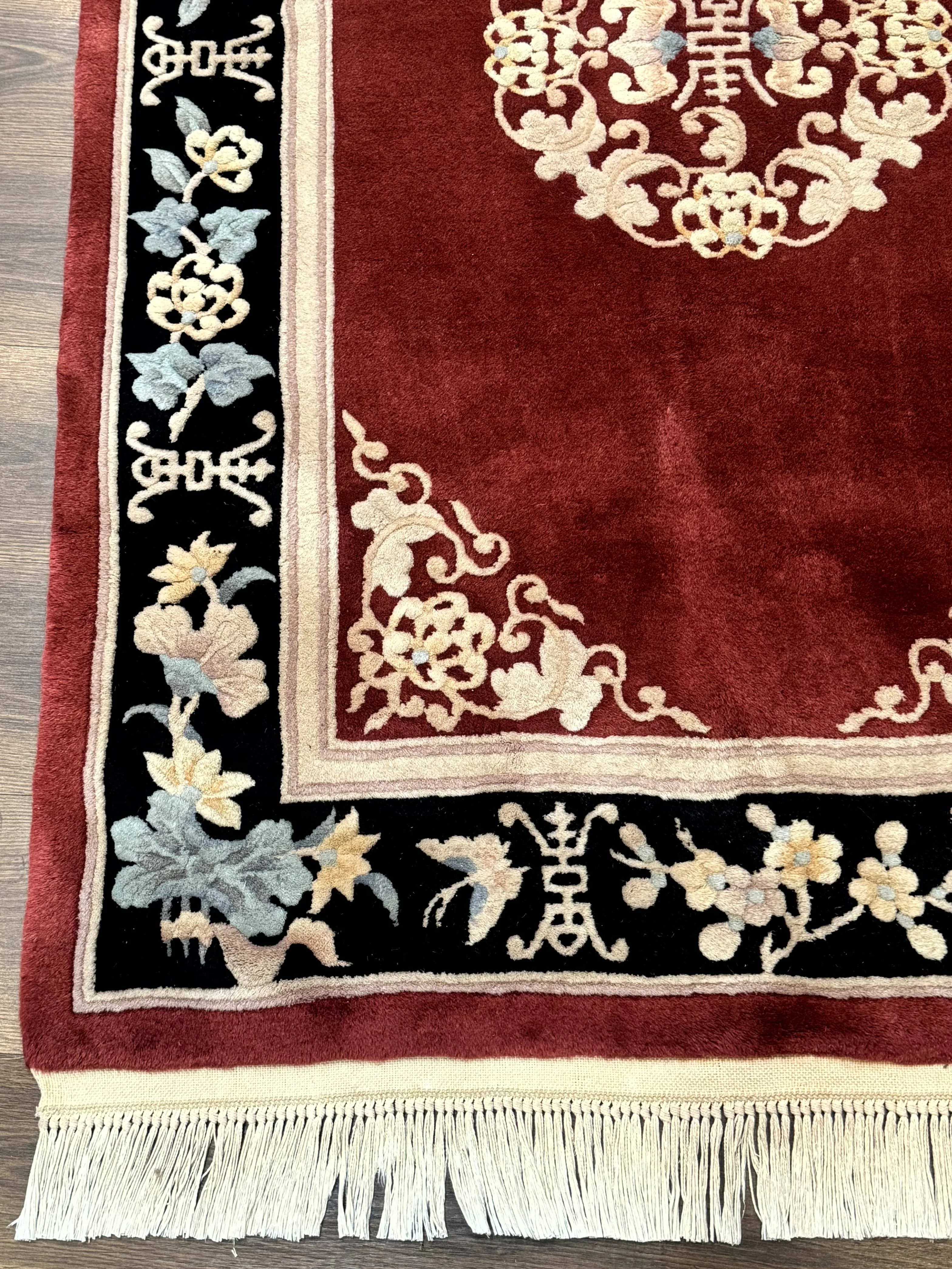 Dark Red Chinese Wool Rug 4x6, Chinese 90 Line Rug, Carving Rug, Handmade, Pair B - Image 8
