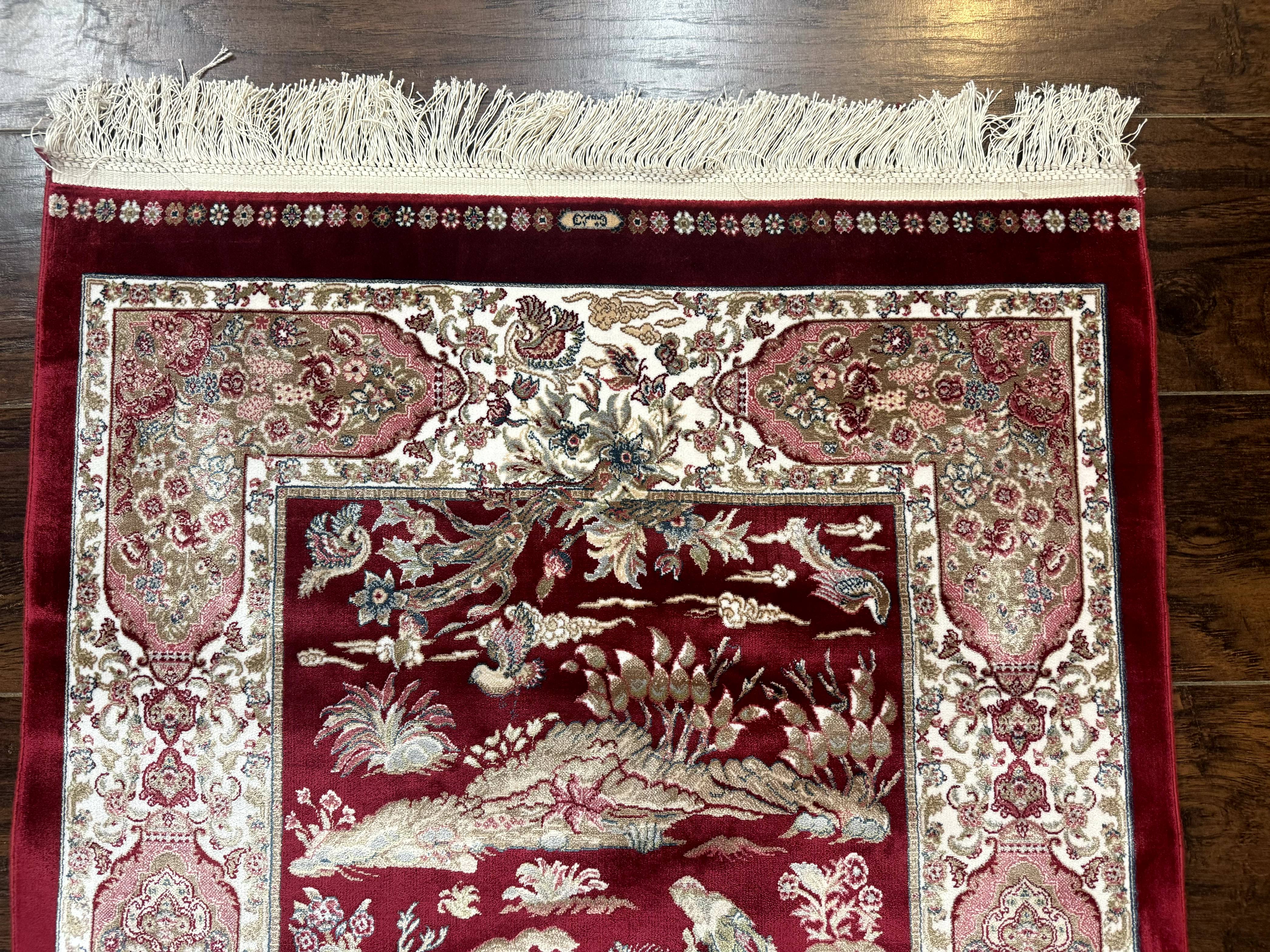 Dark Red Turkish Silk Rug 2.6 x 4, Hunting Design Scene, Bamboo Silk - Image 3