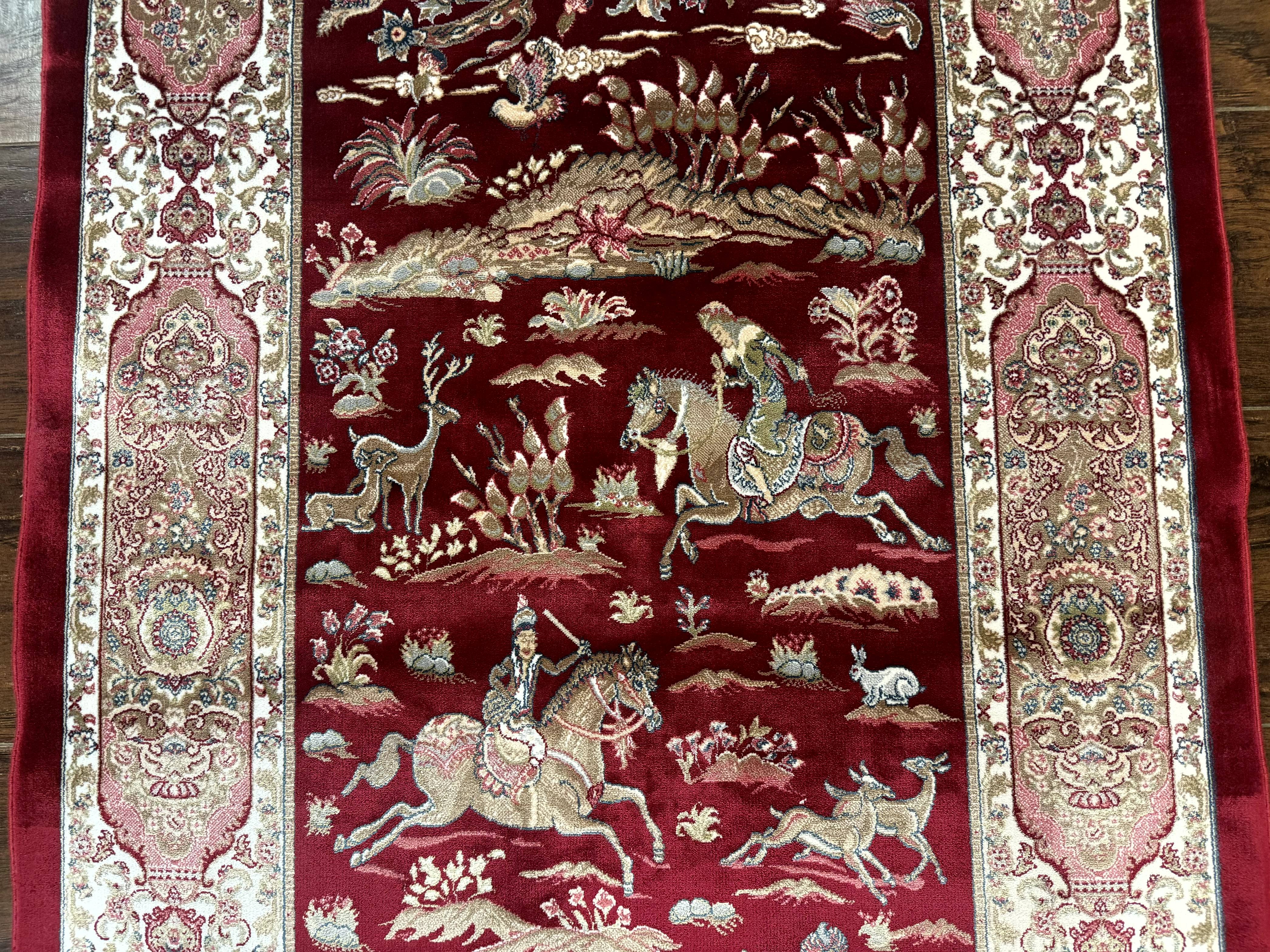 Dark Red Turkish Silk Rug 2.6 x 4, Hunting Design Scene, Bamboo Silk - Image 4