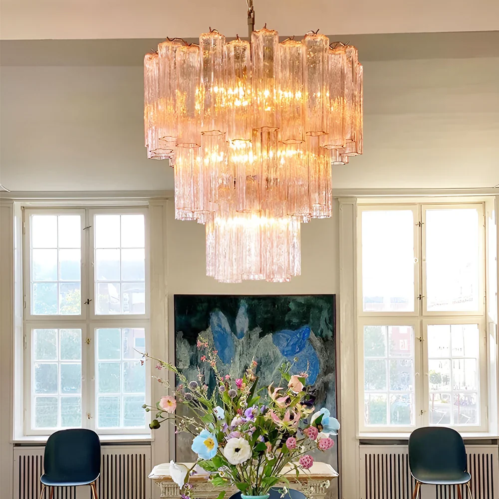 Elegant Pink Murano Glass Tube Chandelier - Image 2