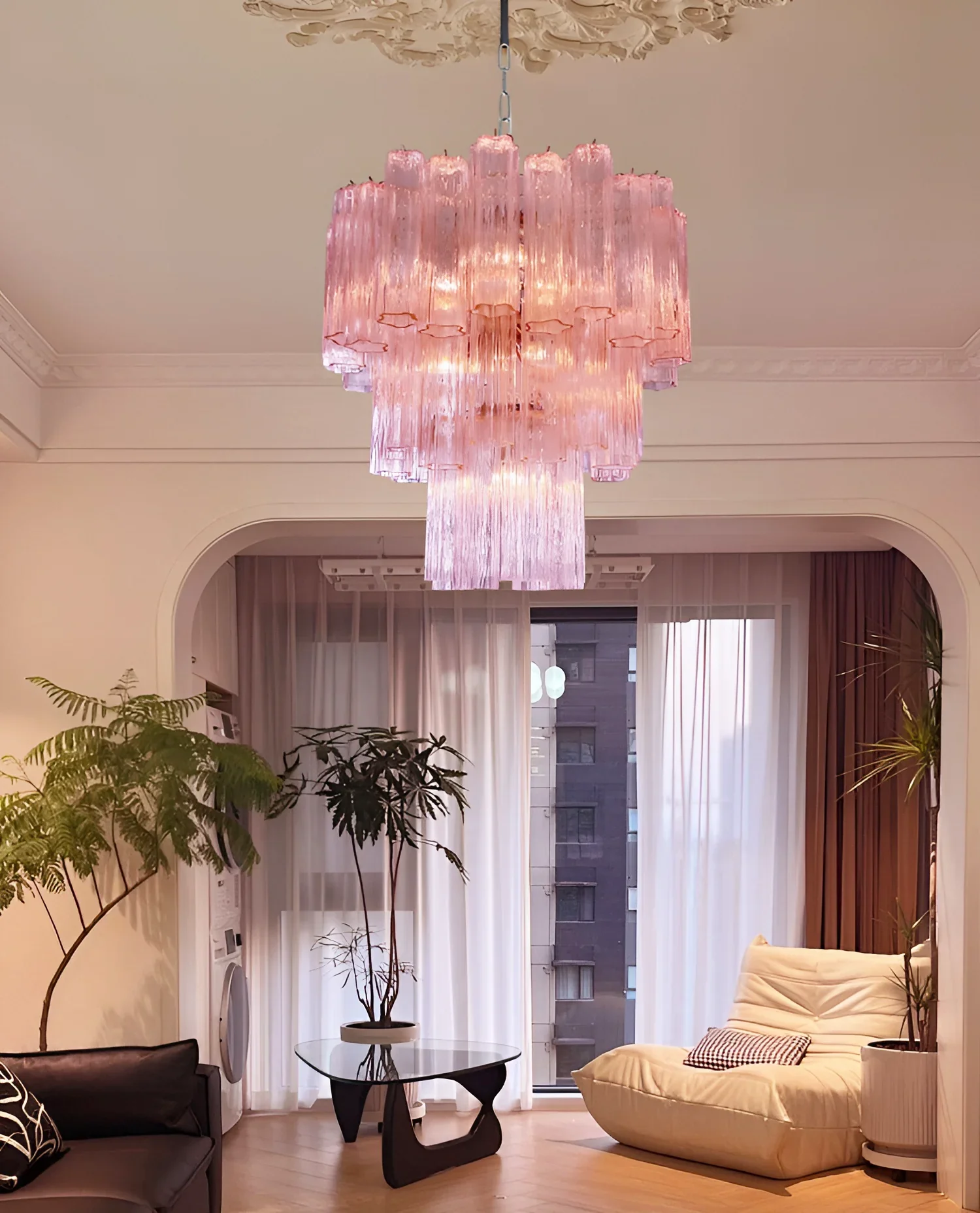Elegant Pink Murano Glass Tube Chandelier - Image 4