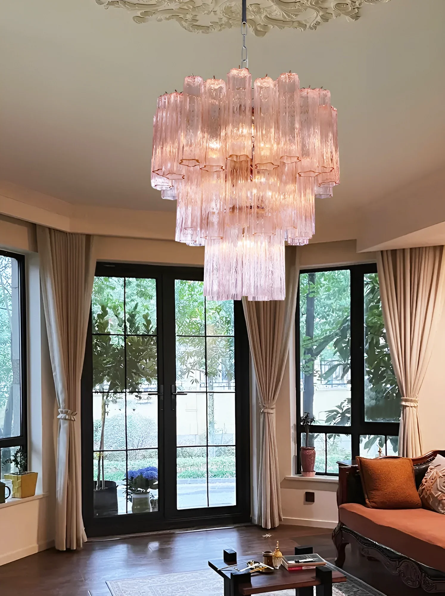 Elegant Pink Murano Glass Tube Chandelier - Image 5