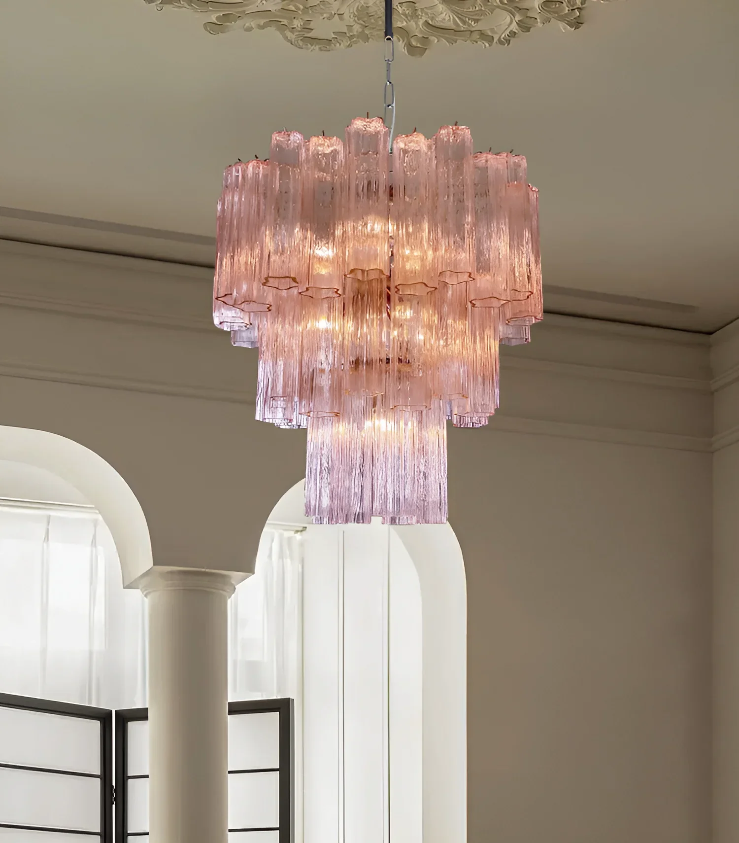 Elegant Pink Murano Glass Tube Chandelier - Image 9