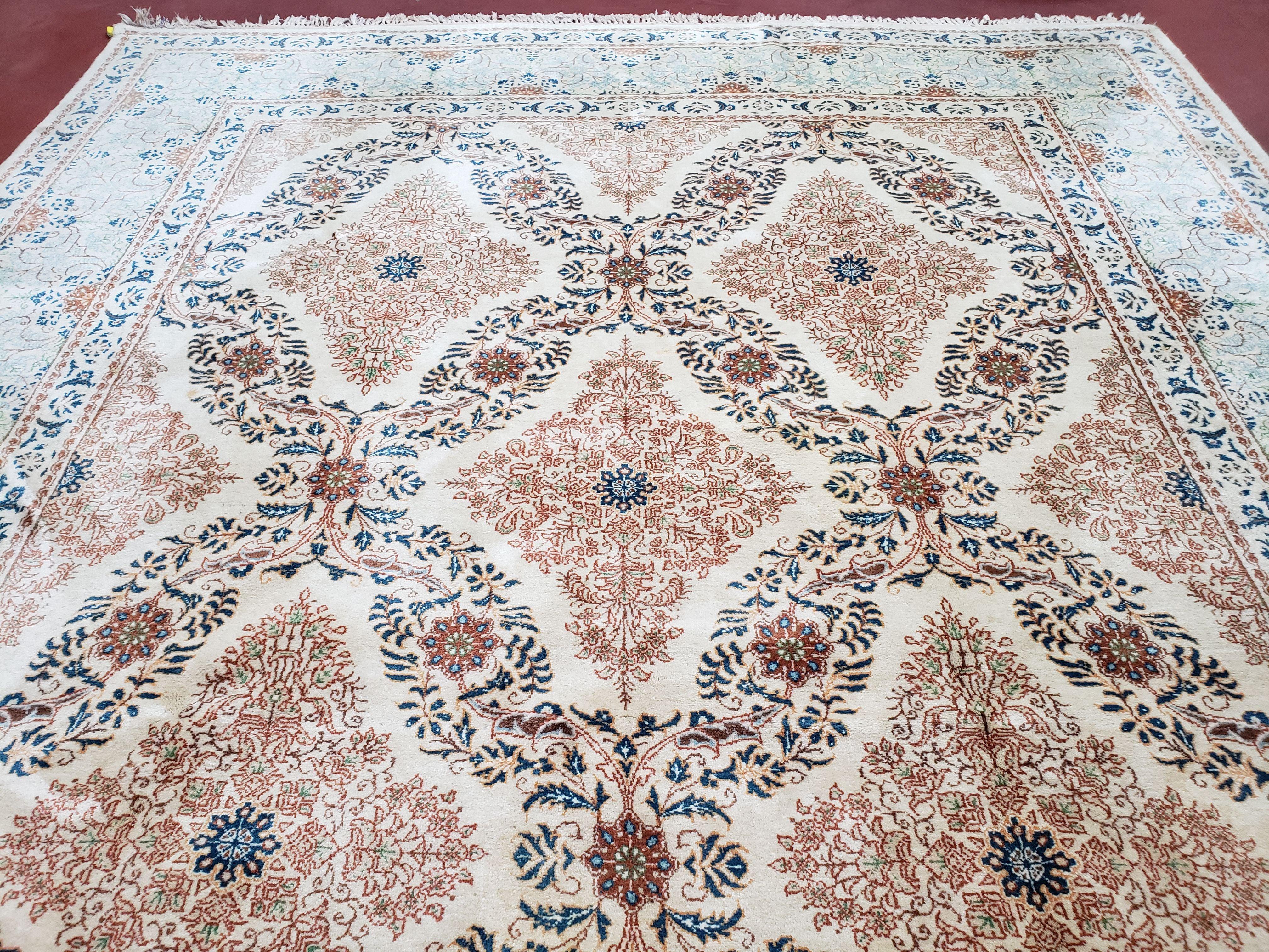 Fine Antique Persian Light Colored Kashan Carpet, 7x12, Top Quality, Rare, Ivory & Blues, Hand-Knotted, Wool - Image 5