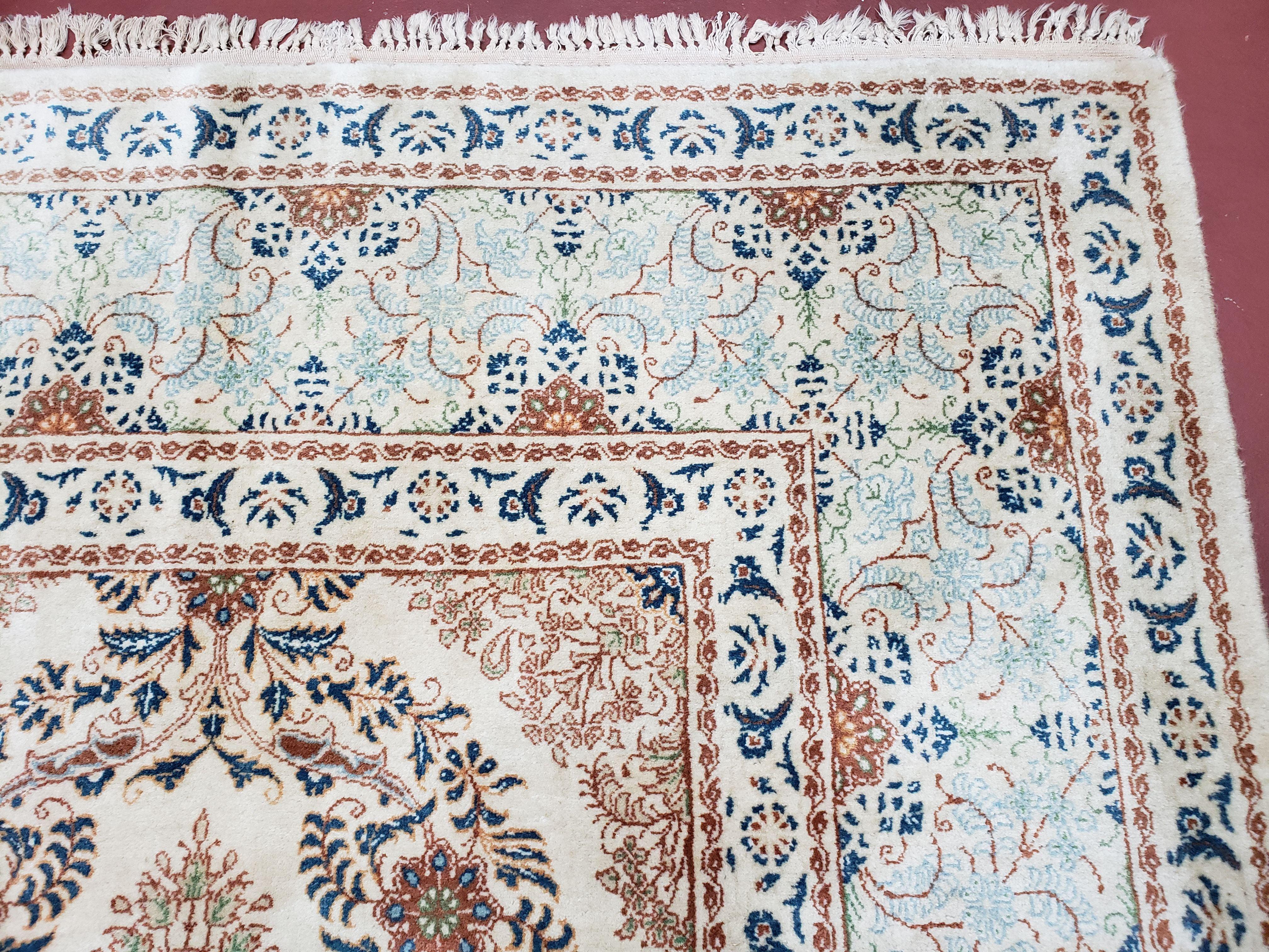 Fine Antique Persian Light Colored Kashan Carpet, 7x12, Top Quality, Rare, Ivory & Blues, Hand-Knotted, Wool - Image 7
