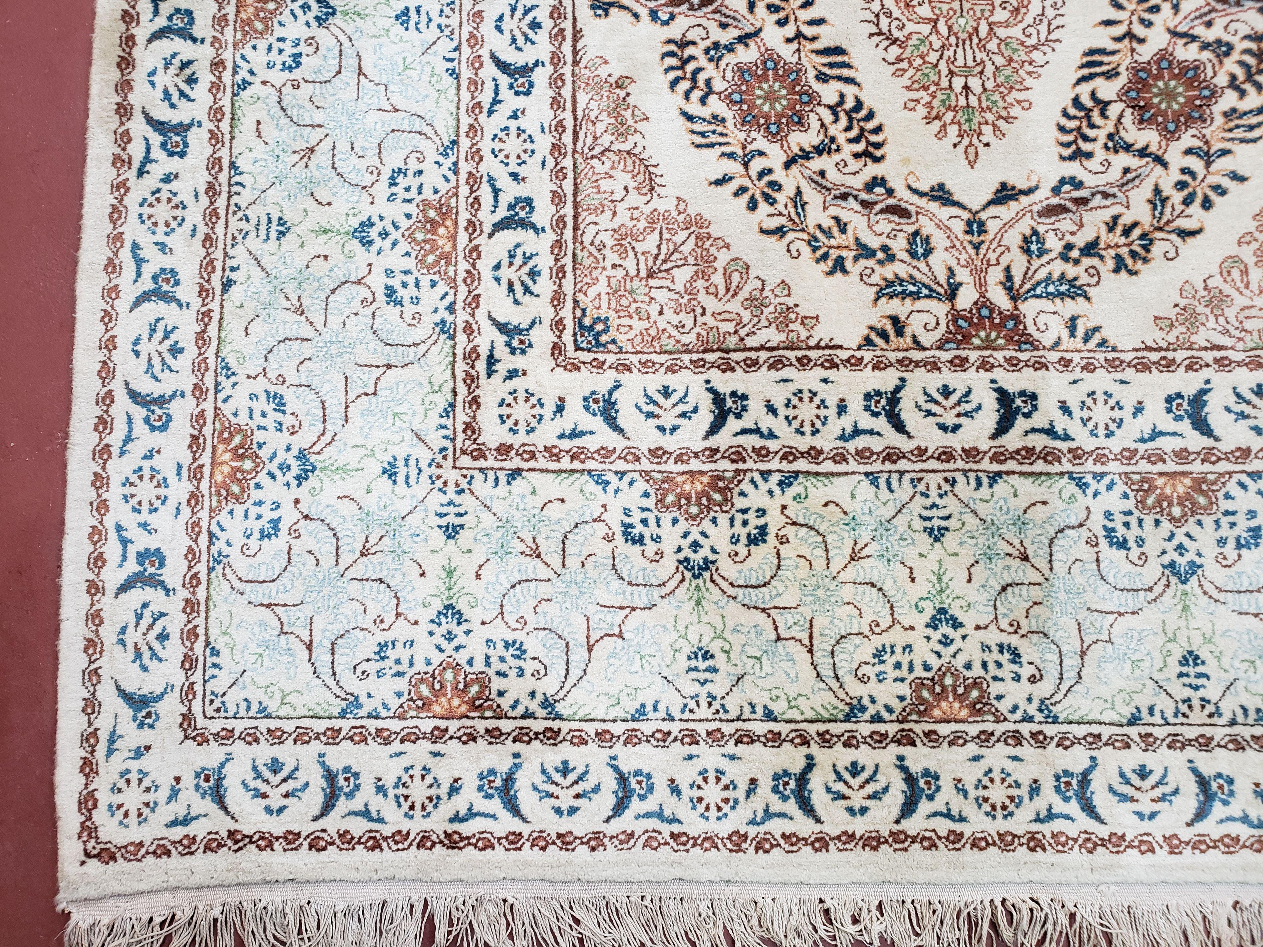 Fine Antique Persian Light Colored Kashan Carpet, 7x12, Top Quality, Rare, Ivory & Blues, Hand-Knotted, Wool - Image 8