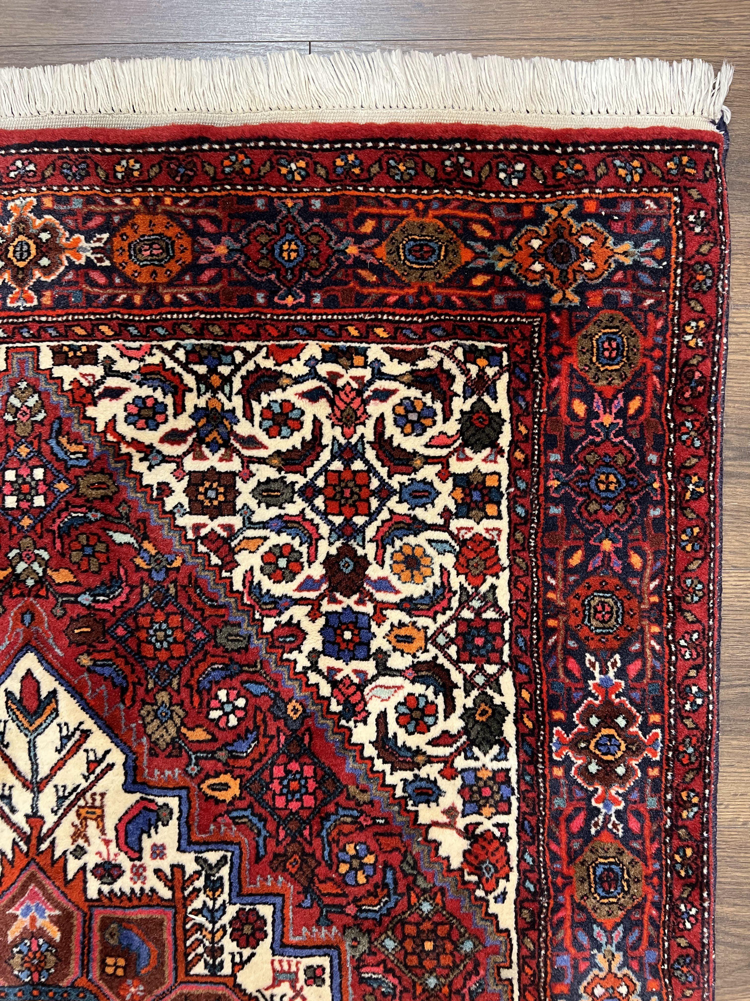 Fine Persian Bidjar Rug 3x5, Geometric Medallion Oriental Bijar Carpet 3 x 5 ft, Ruby Red and Cream, Hand Knotted Wool Rug, Semi Antique Tribal Rug, Nice - Image 7