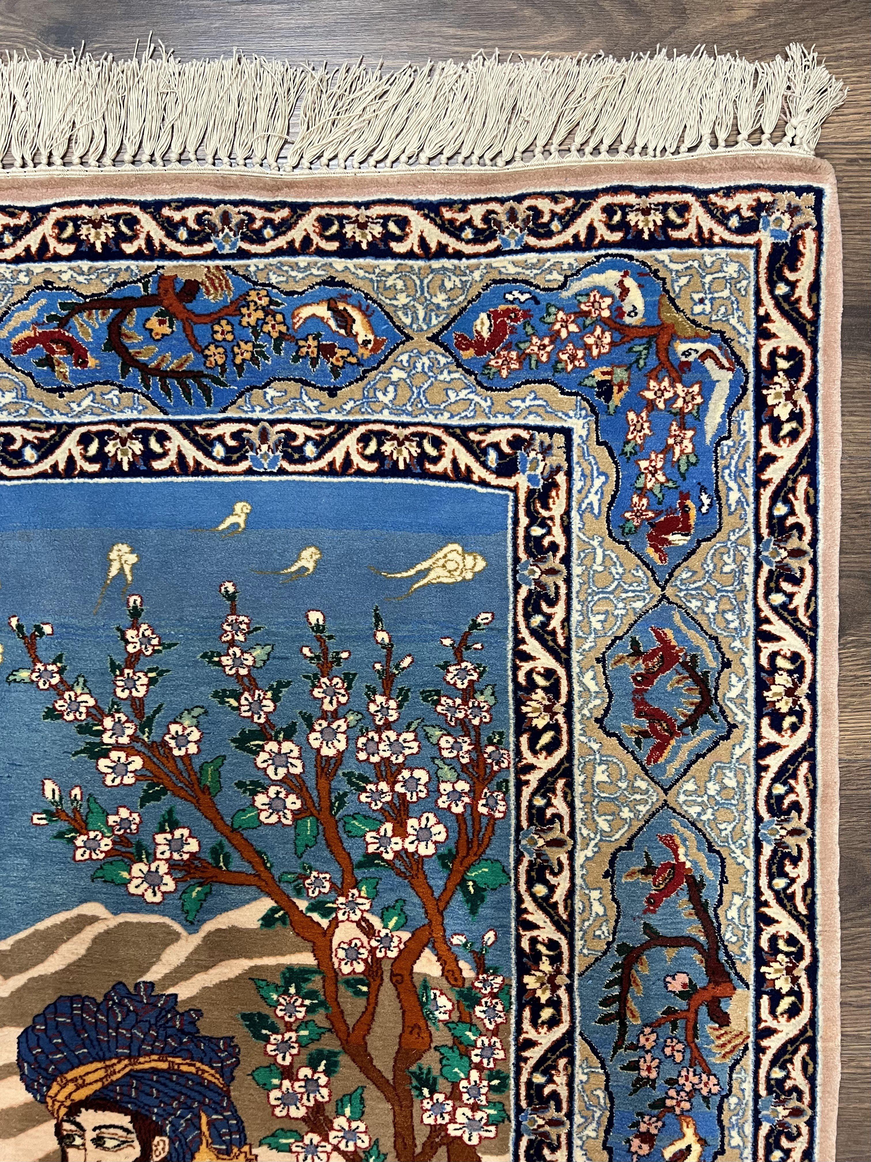 Fine Persian Isfahan Pictorial Rug 3.7 x 5, Kork Wool on Silk Foundation, Blue Persian Carpet, Hand Knotted, Humans Birds, High KPSI, Semi Antique - Image 7