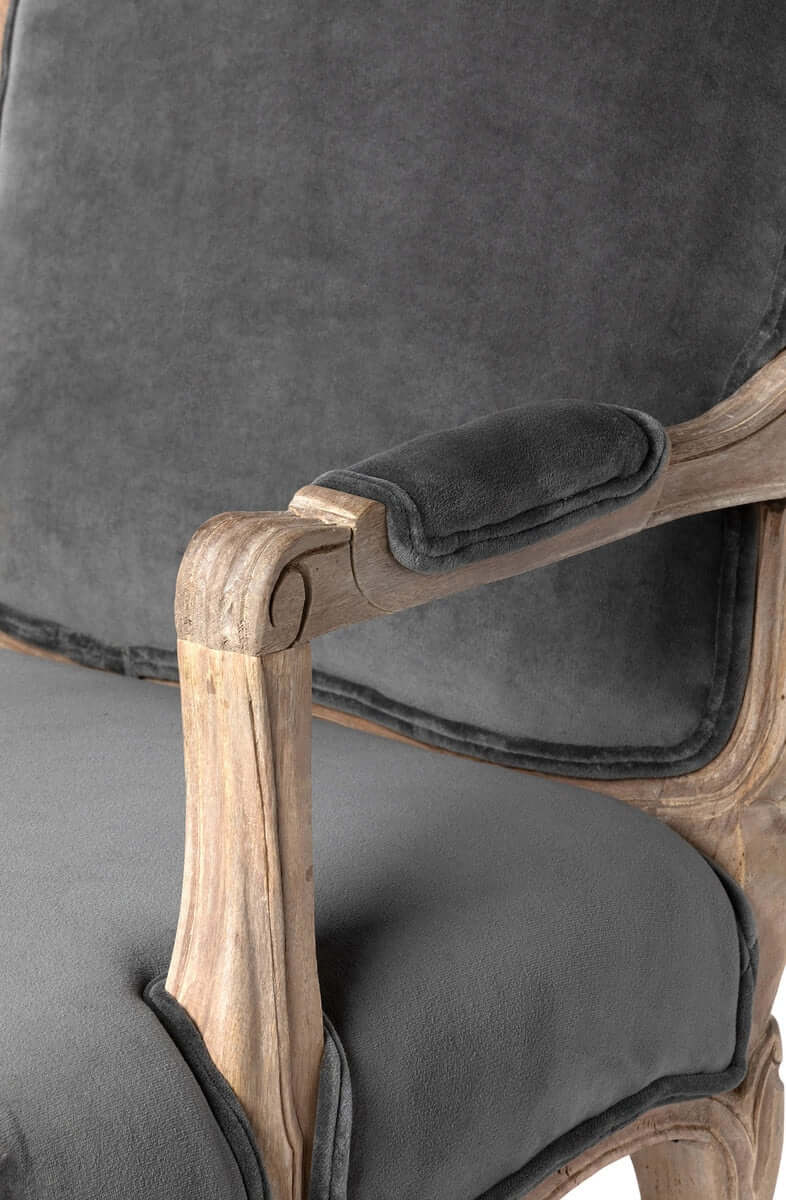 French Country Velvet Armchair with Carved Wood Frame - Image 6