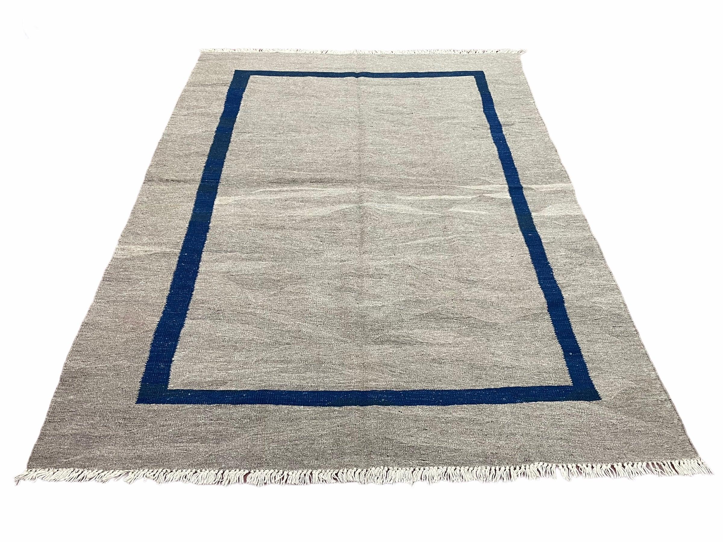 Geometric Turkish Kilim Rug 5' 7" x 7' 9", Flatweave Carpet, Minimal Design, Anatolian Carpet, Gray, Geometric, Dark Blue, Hand-Knotted, New - Image 12