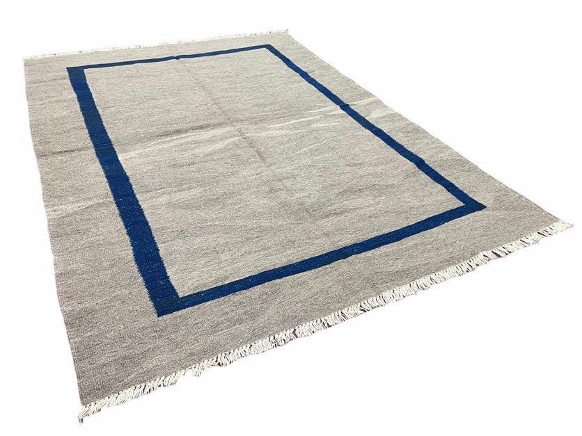 Geometric Turkish Kilim Rug 5' 7" x 7' 9", Flatweave Carpet, Minimal Design, Anatolian Carpet, Gray, Geometric, Dark Blue, Hand-Knotted, New - Image 2