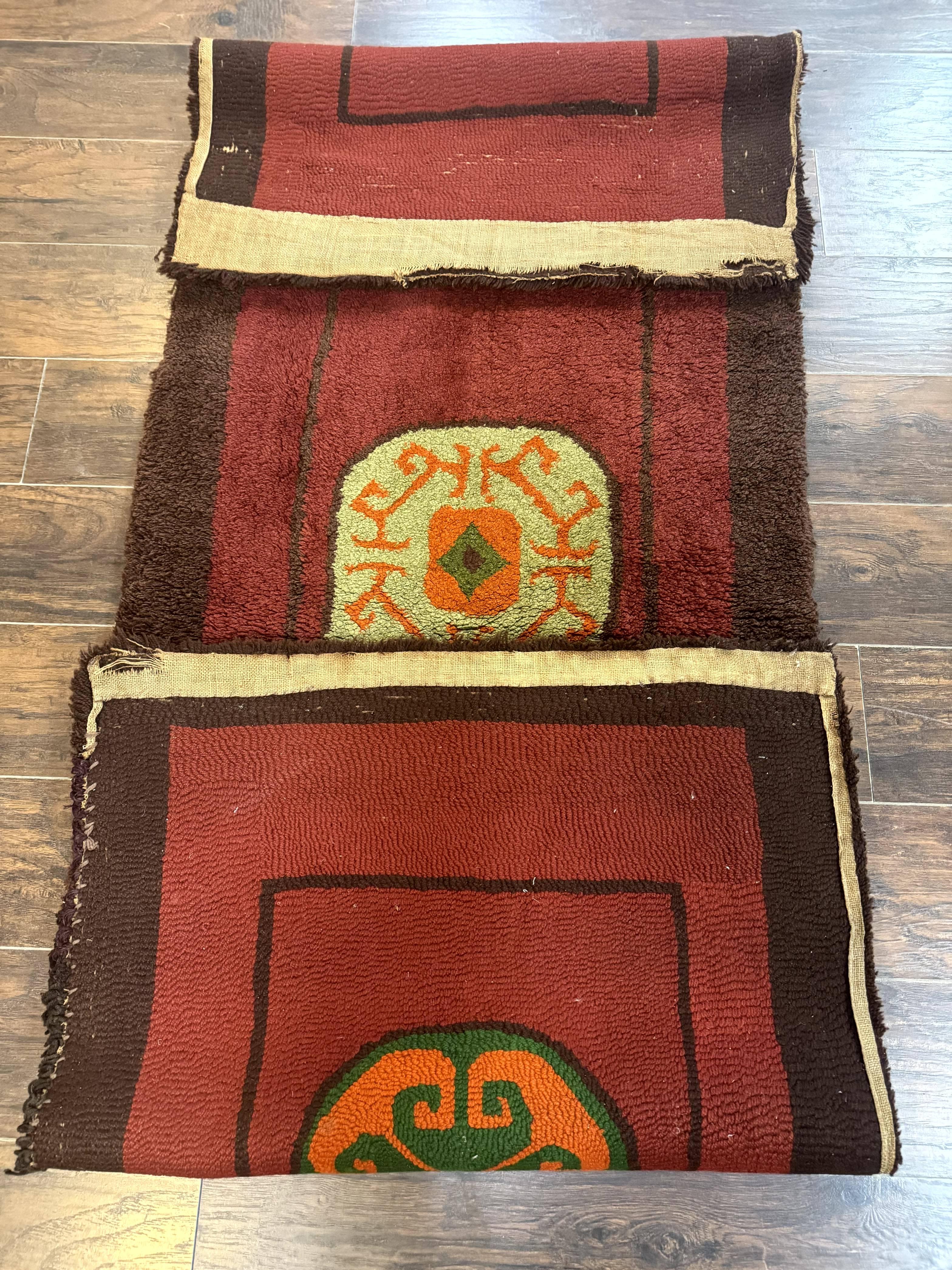German Hooked Runner Rug 3x8, Vintage, Red, Wool - Image 10