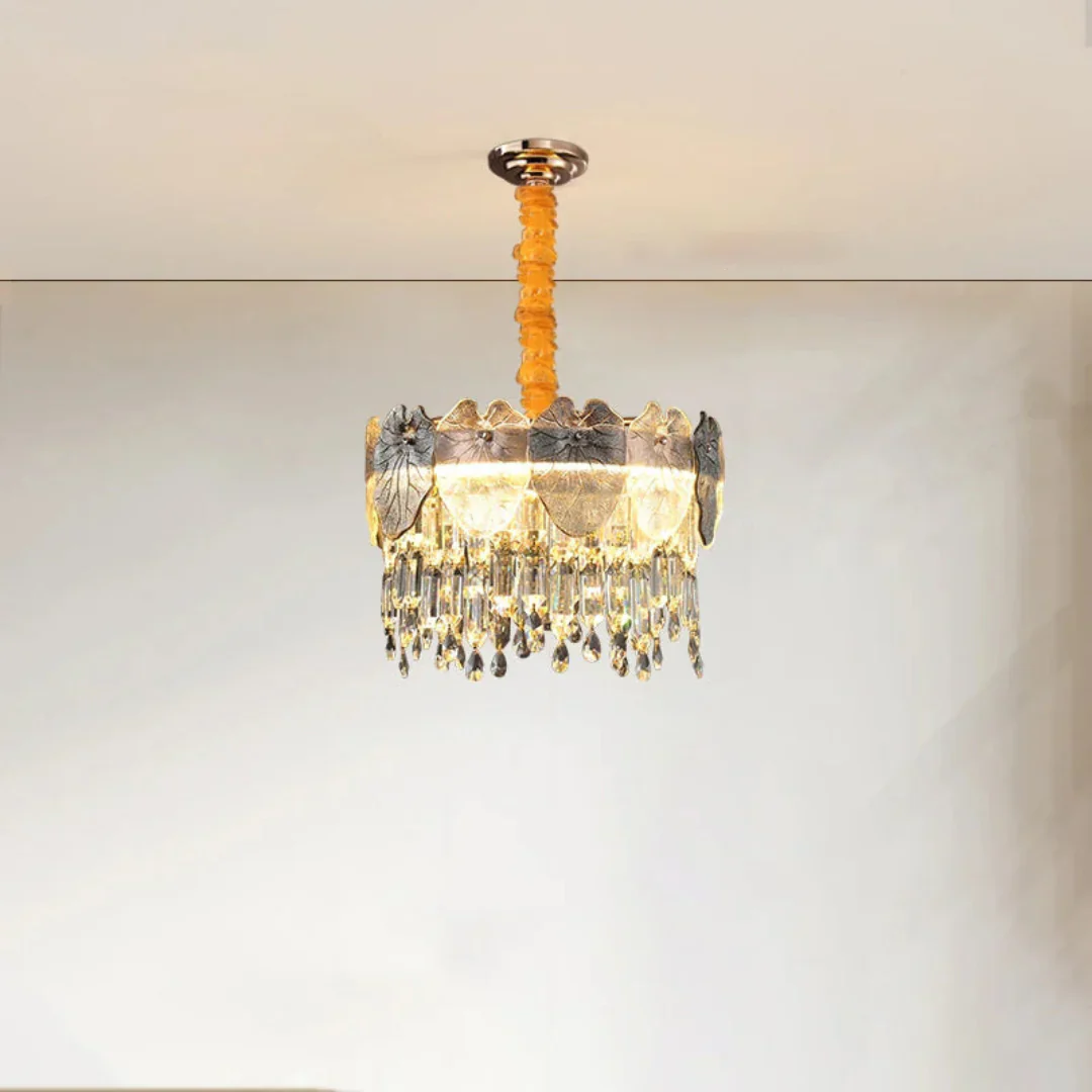 Golden Lotus Leaf Round Crystal Chandelier - Image 15