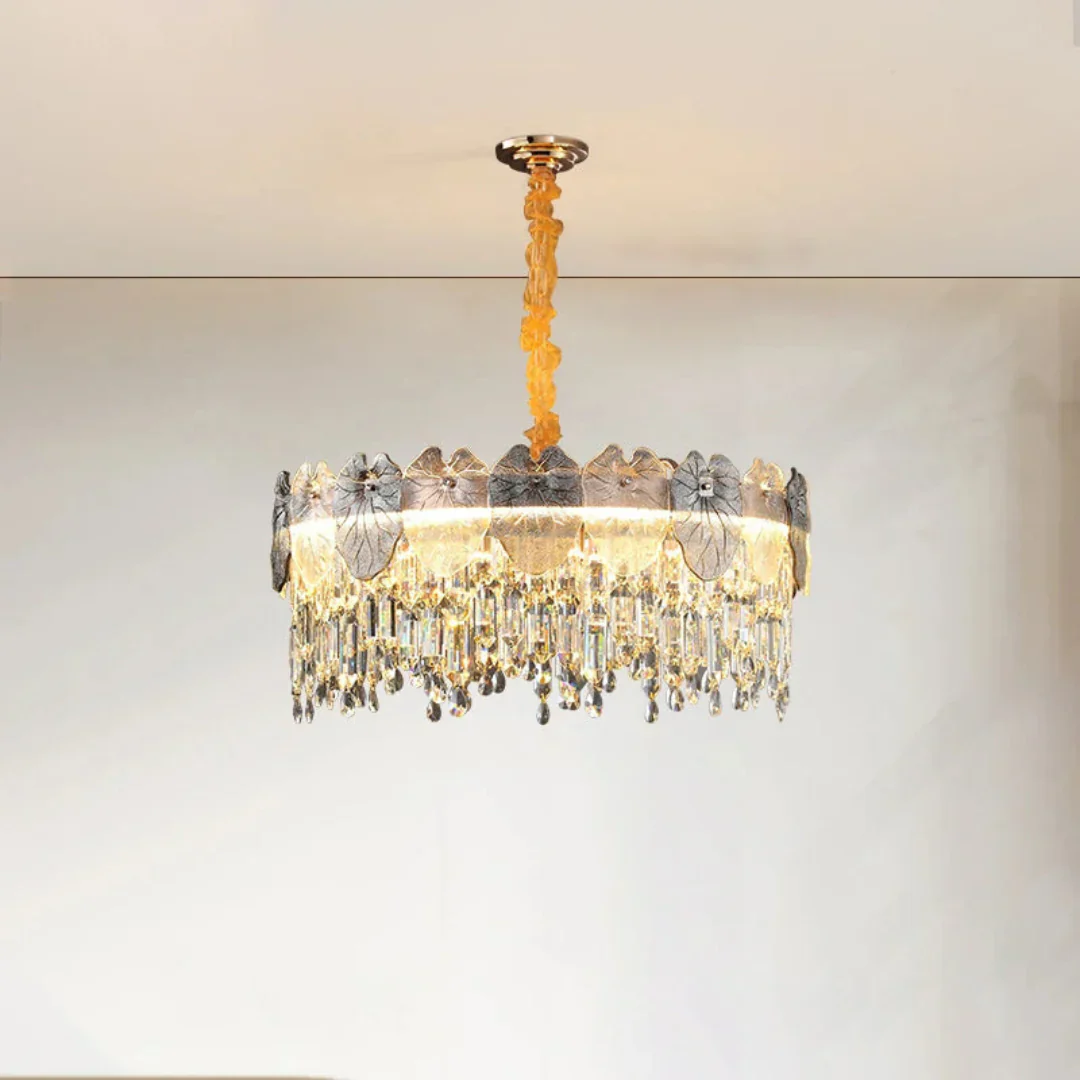Golden Lotus Leaf Round Crystal Chandelier - Image 19