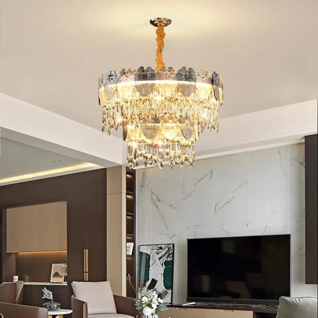 Golden Lotus Leaf Round Crystal Chandelier - Image 6