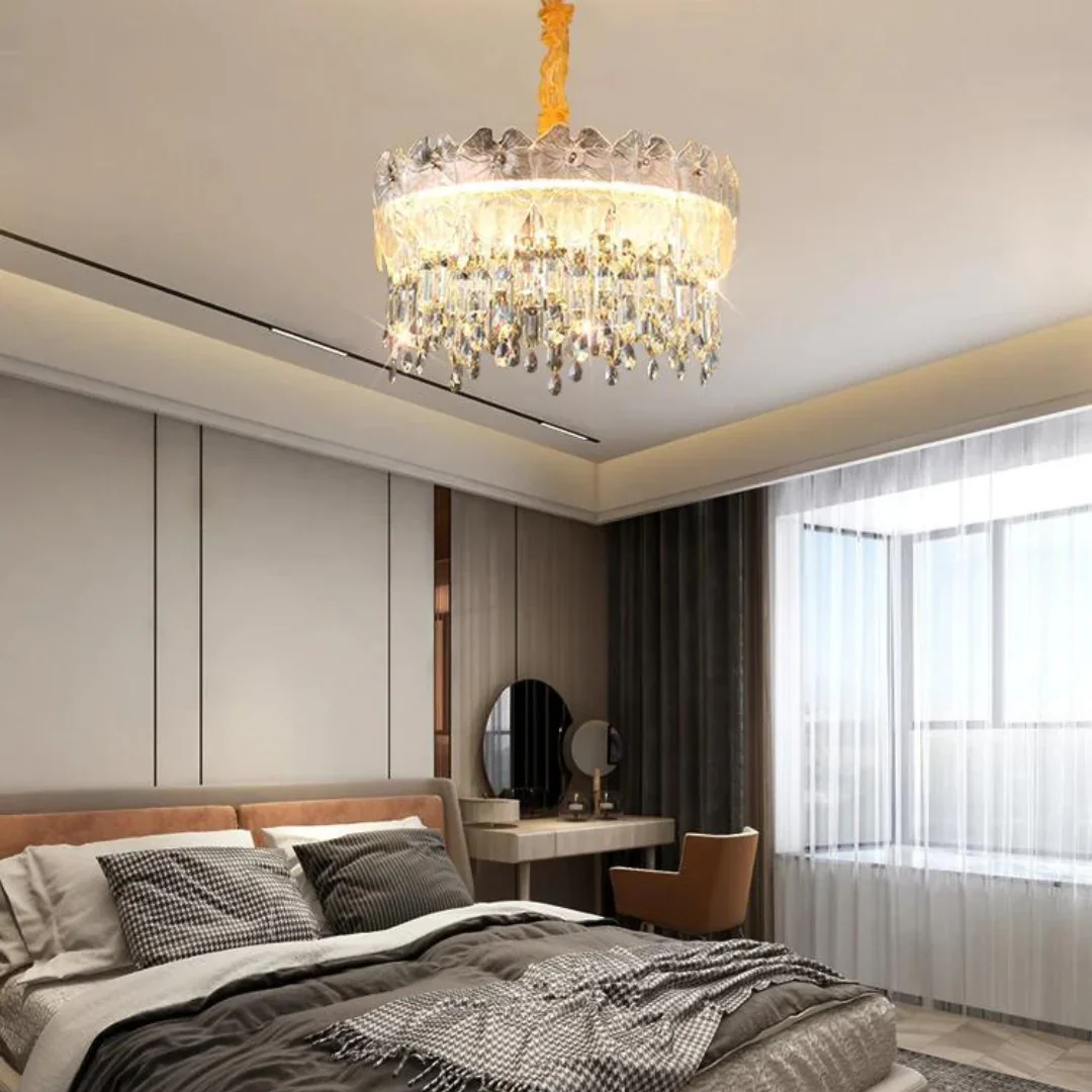 Golden Lotus Leaf Round Crystal Chandelier - Image 8