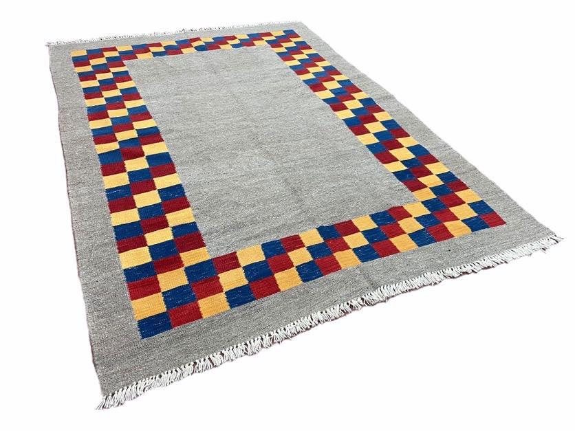 Gray Kilim Carpet, Yellow, Red, Blue Checkerboard Pattern, Flatweave, New, Geometric, Hand-Knotted, Wool, Turkish Area Rug, 5' 9" x 7' 9" - Image 2