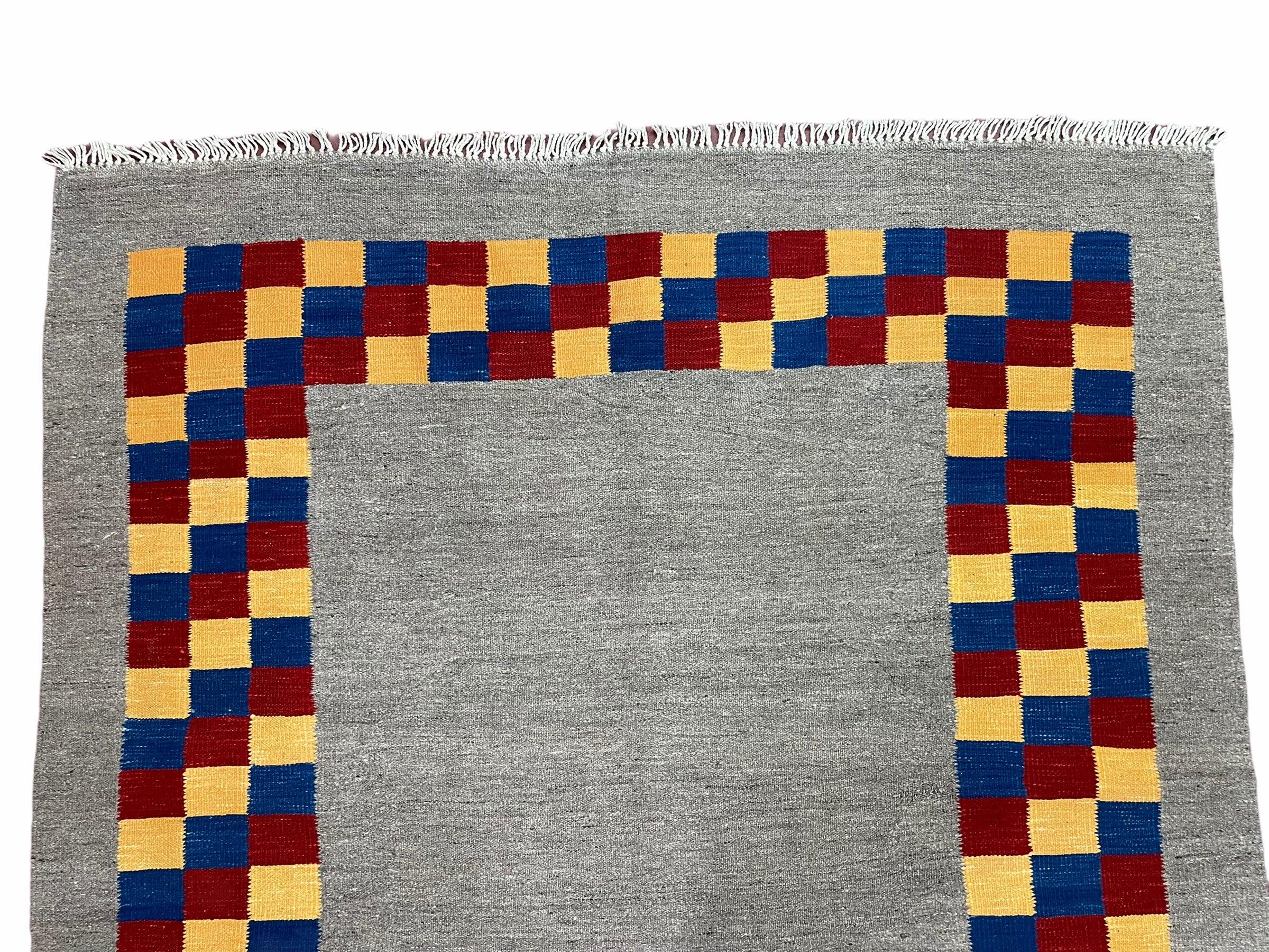 Gray Kilim Carpet, Yellow, Red, Blue Checkerboard Pattern, Flatweave, New, Geometric, Hand-Knotted, Wool, Turkish Area Rug, 5' 9" x 7' 9" - Image 3