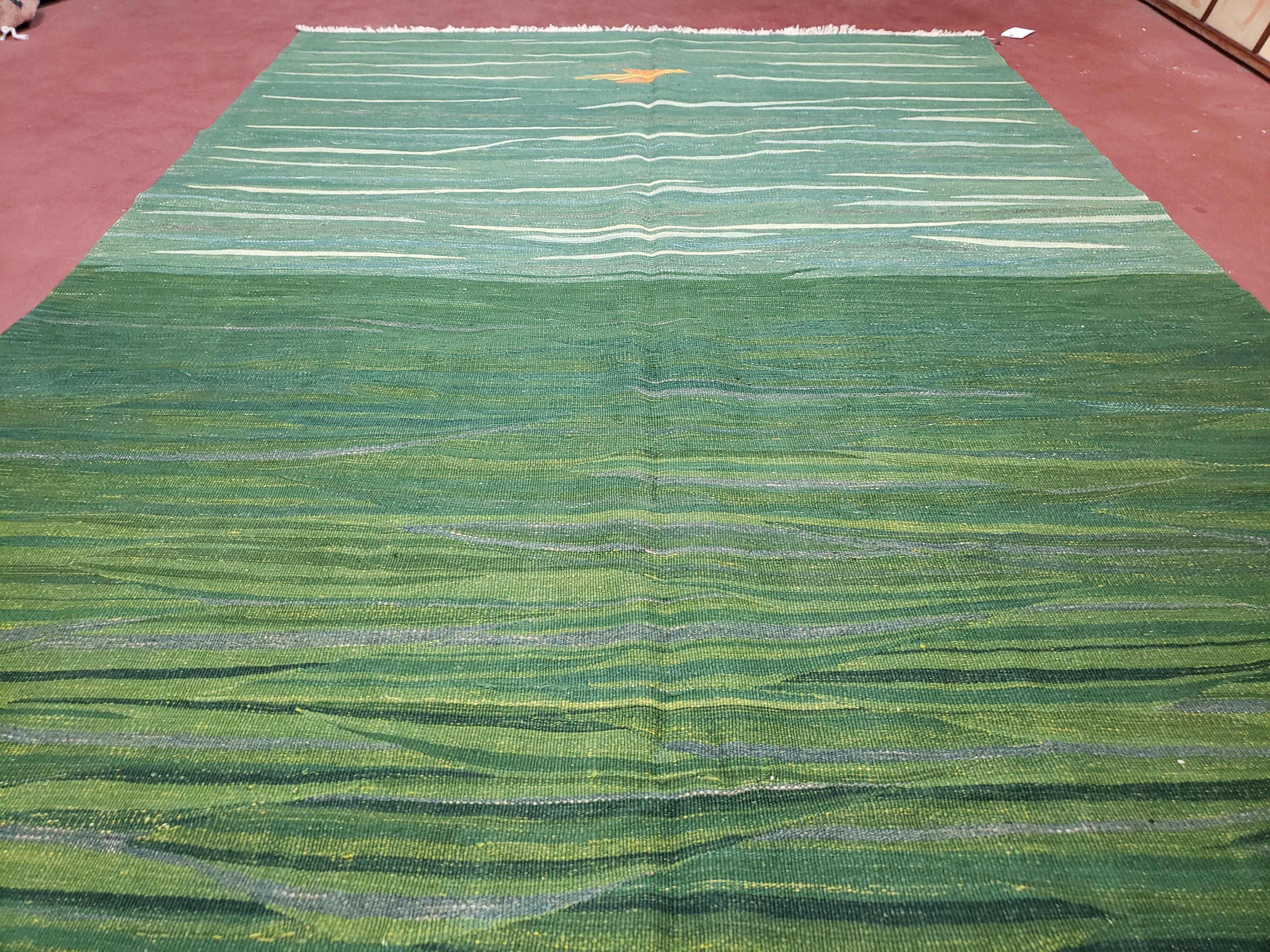 Green Turkish Kilim Rug, 6x9 - 7x10 Rugs, Bird, Handmade New Area Rug, Wool, Bohemian Boho Decor, Hand Woven, Modern Abstract Flat Weave Rug - Image 11