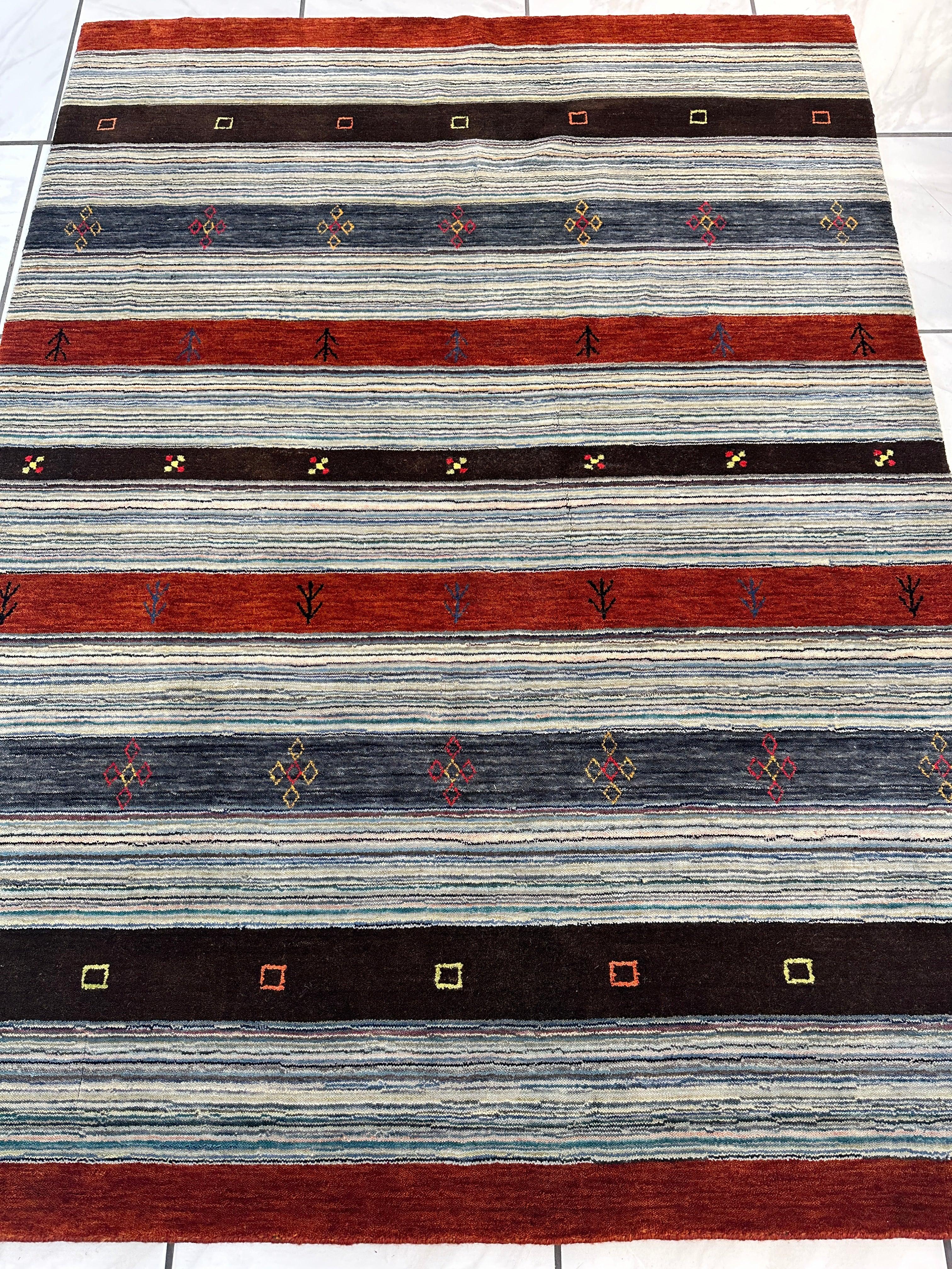 Hand-Knotted Indo-Gabbeh Wool & Bamboo Rug – 5'2" x 7' – Durable Striped Design - Image 3