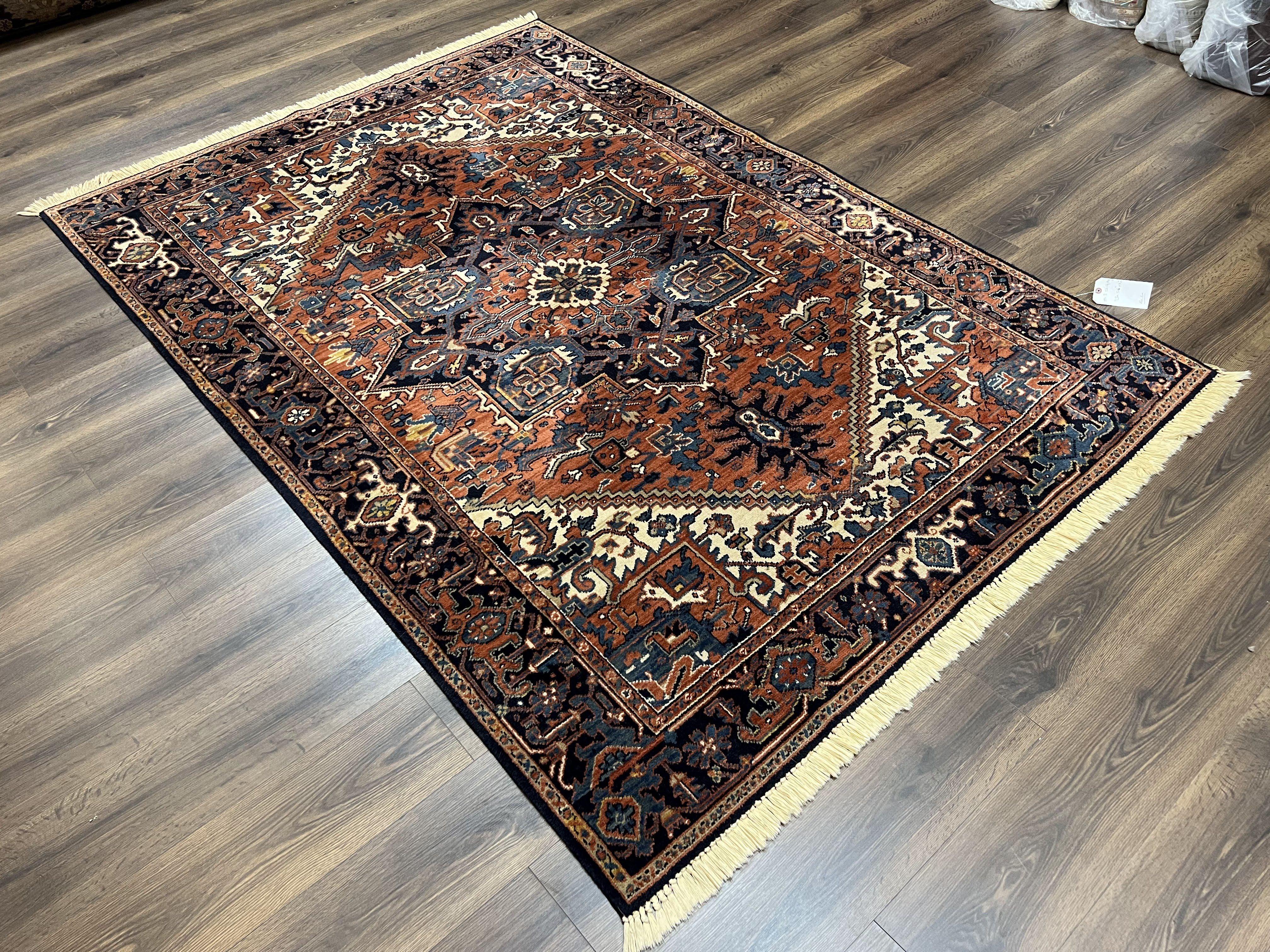 Heriz Rug 5.6 x 8, Geometric Medallion, Wool Oriental Carpet, Tribal Boho Rug, Red Navy Blue Cream, Belgium Power Loomed Rug, Medium Sized - Image 12