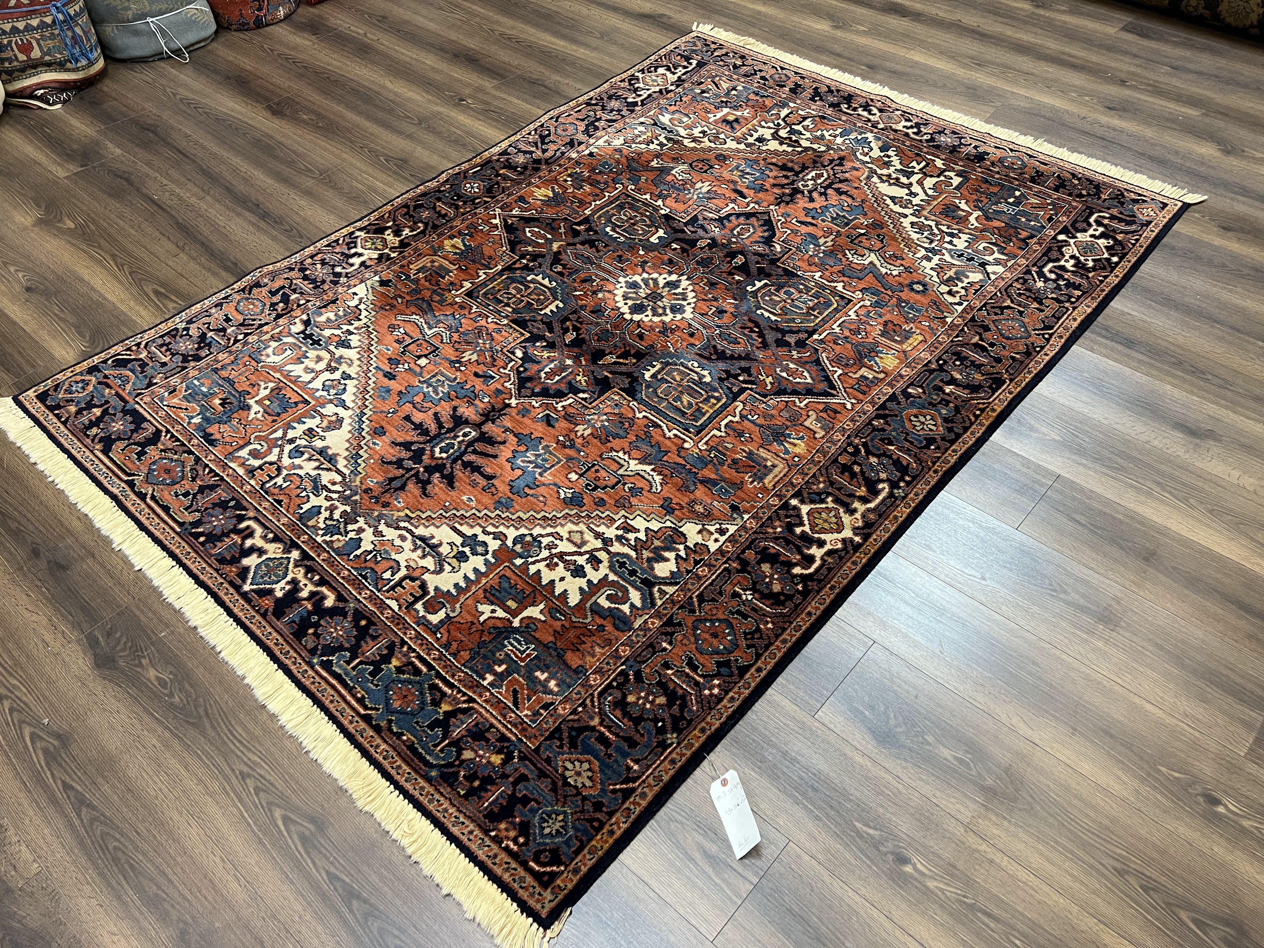 Heriz Rug 5.6 x 8, Geometric Medallion, Wool Oriental Carpet, Tribal Boho Rug, Red Navy Blue Cream, Belgium Power Loomed Rug, Medium Sized - Image 2