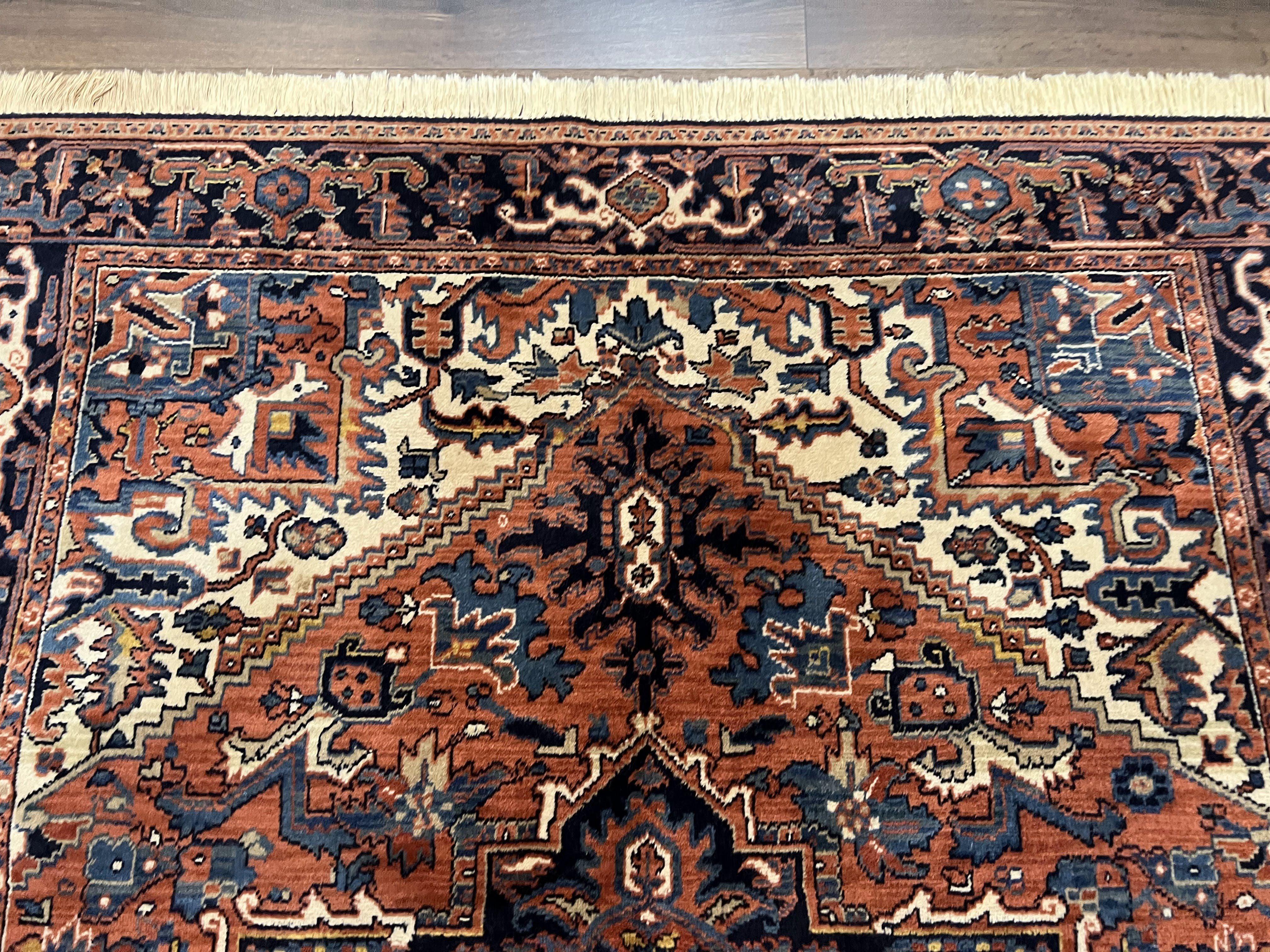 Heriz Rug 5.6 x 8, Geometric Medallion, Wool Oriental Carpet, Tribal Boho Rug, Red Navy Blue Cream, Belgium Power Loomed Rug, Medium Sized - Image 3