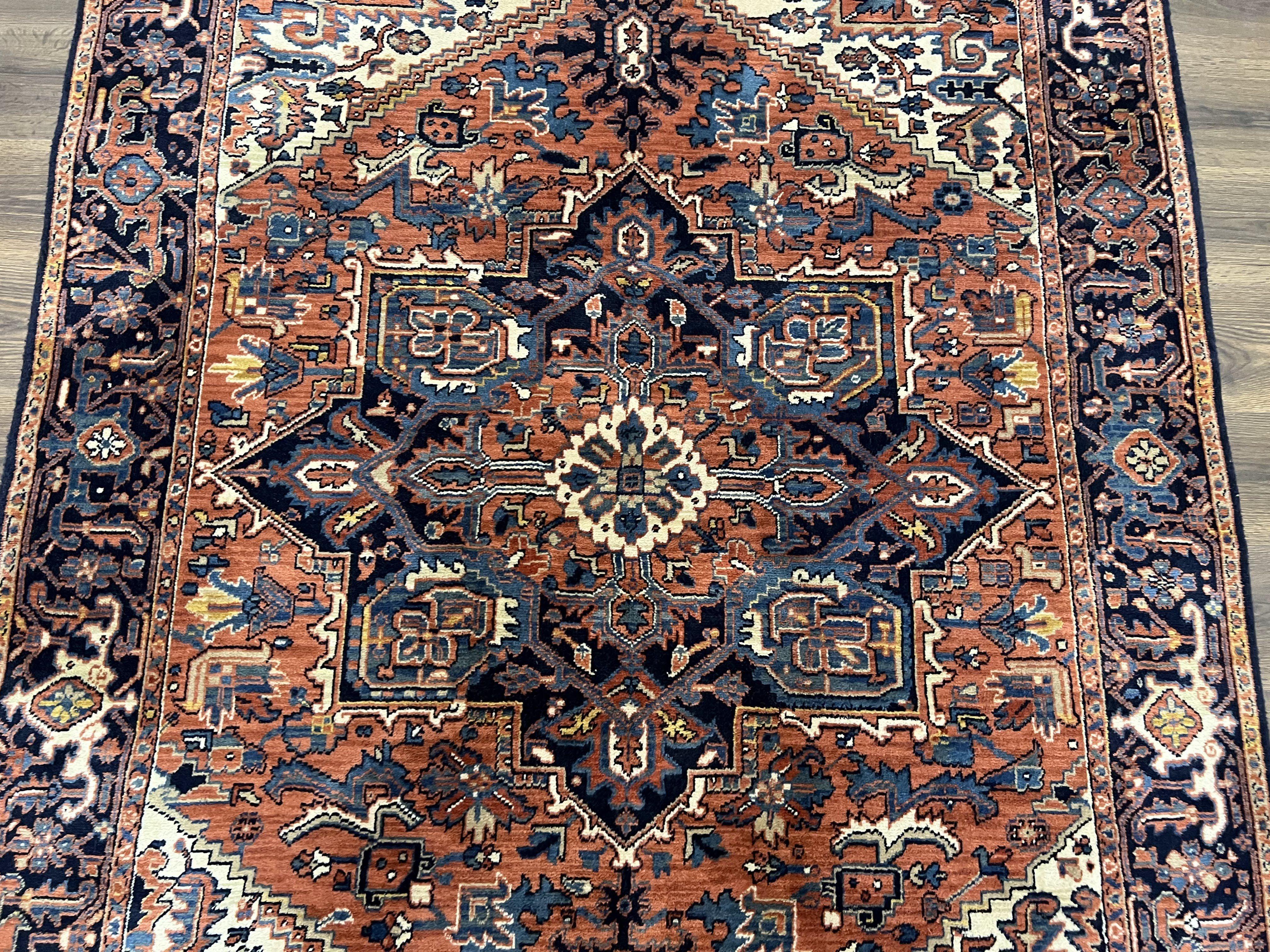 Heriz Rug 5.6 x 8, Geometric Medallion, Wool Oriental Carpet, Tribal Boho Rug, Red Navy Blue Cream, Belgium Power Loomed Rug, Medium Sized - Image 4