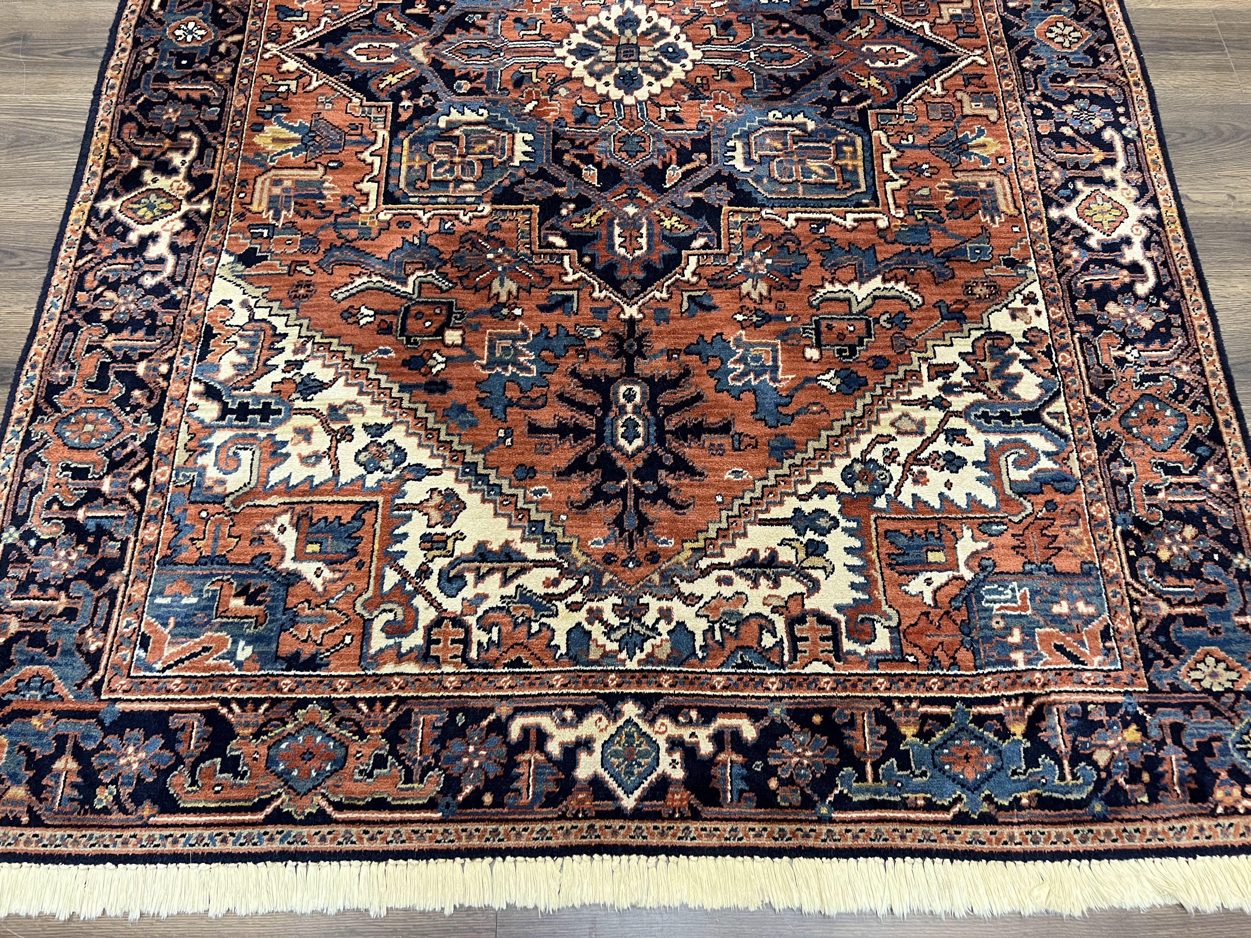 Heriz Rug 5.6 x 8, Geometric Medallion, Wool Oriental Carpet, Tribal Boho Rug, Red Navy Blue Cream, Belgium Power Loomed Rug, Medium Sized - Image 5
