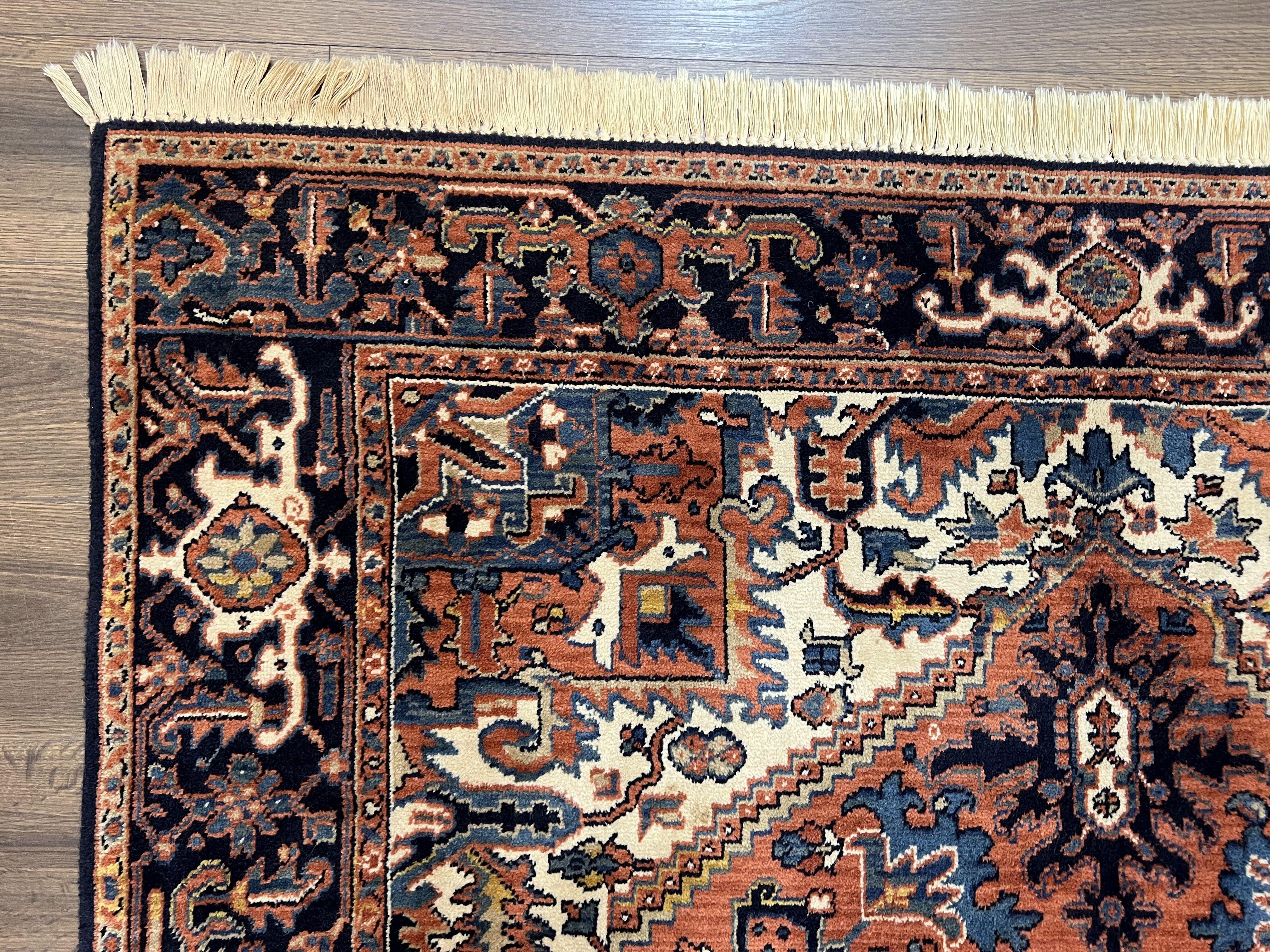 Heriz Rug 5.6 x 8, Geometric Medallion, Wool Oriental Carpet, Tribal Boho Rug, Red Navy Blue Cream, Belgium Power Loomed Rug, Medium Sized - Image 6