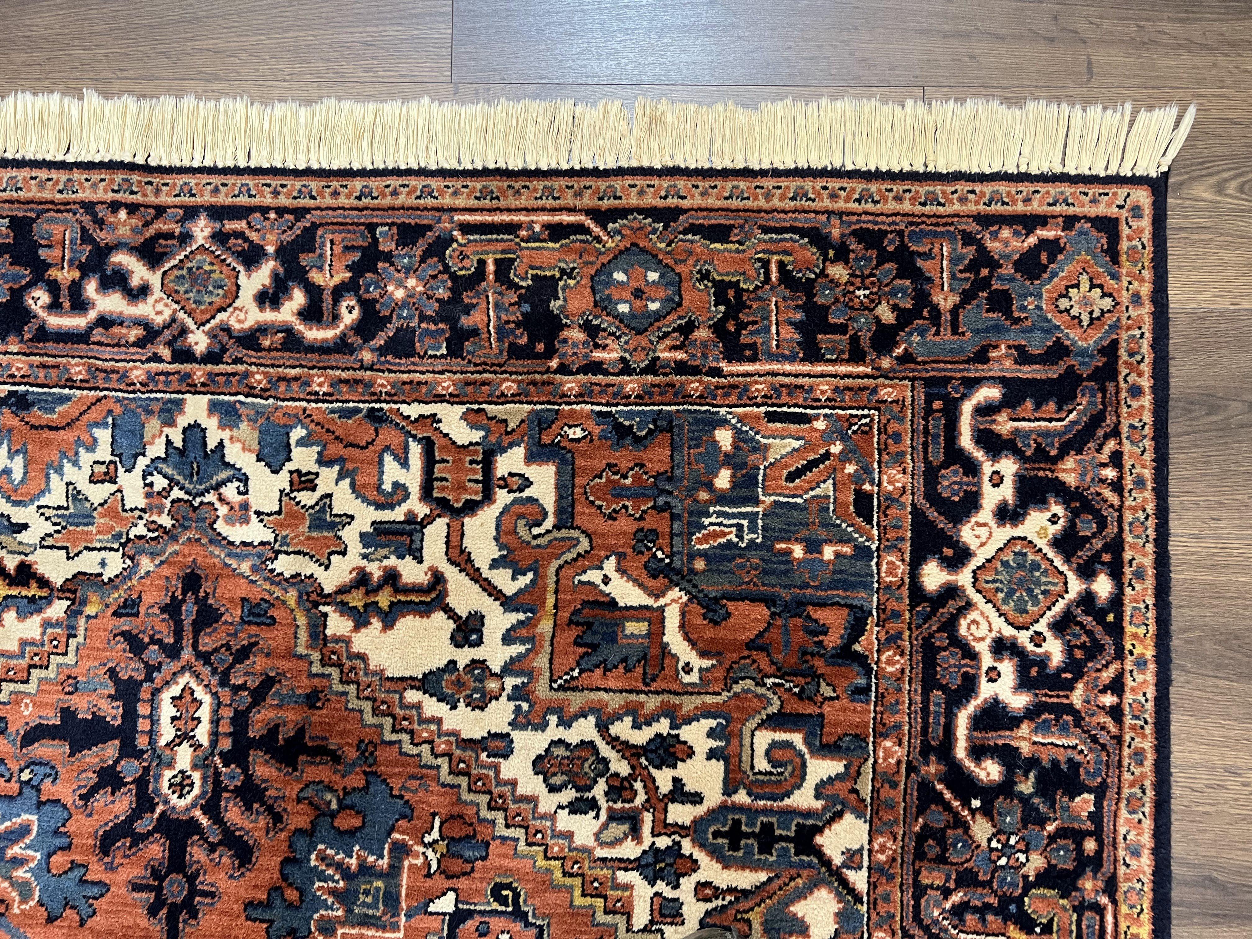 Heriz Rug 5.6 x 8, Geometric Medallion, Wool Oriental Carpet, Tribal Boho Rug, Red Navy Blue Cream, Belgium Power Loomed Rug, Medium Sized - Image 7