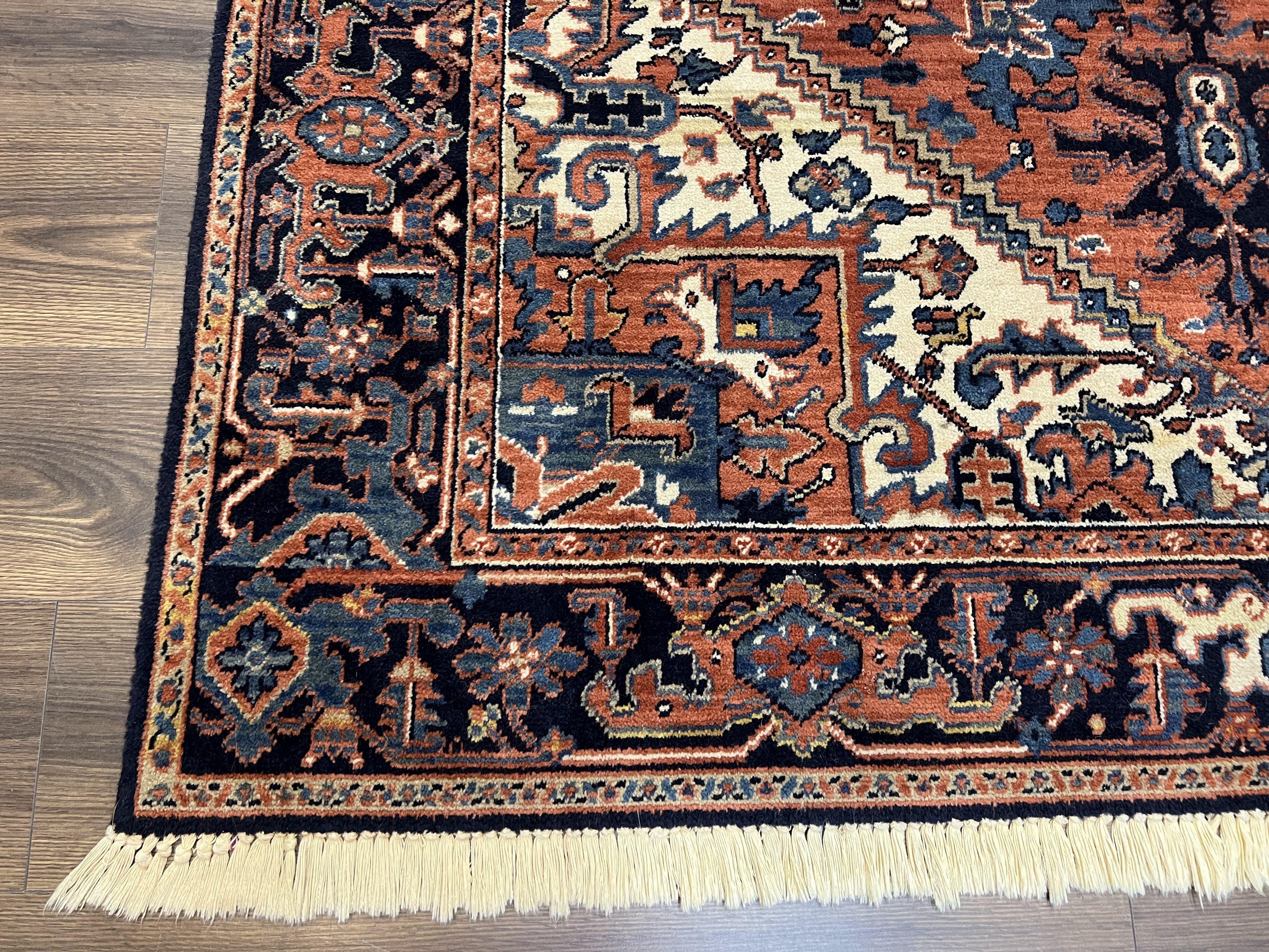 Heriz Rug 5.6 x 8, Geometric Medallion, Wool Oriental Carpet, Tribal Boho Rug, Red Navy Blue Cream, Belgium Power Loomed Rug, Medium Sized - Image 8