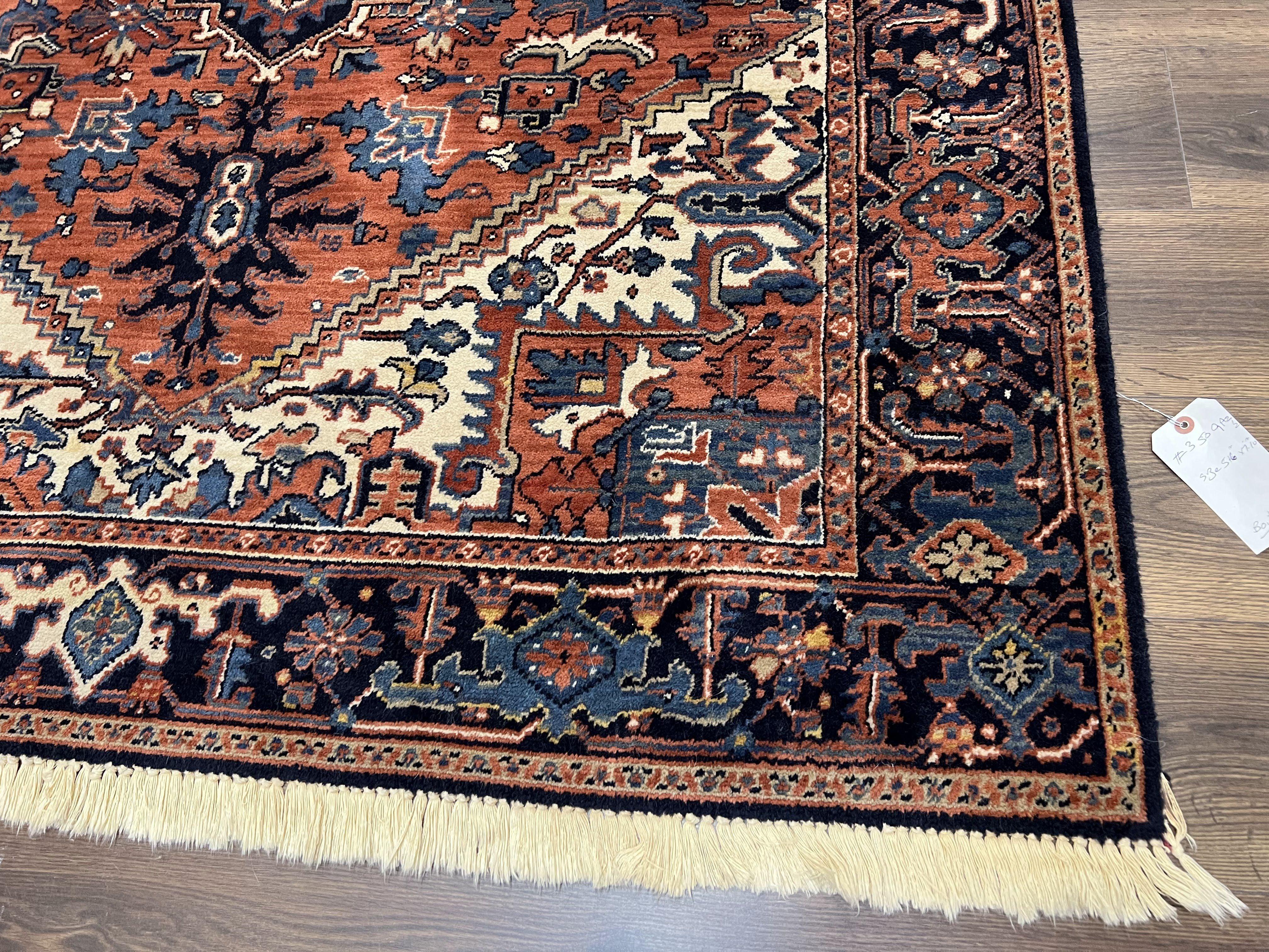 Heriz Rug 5.6 x 8, Geometric Medallion, Wool Oriental Carpet, Tribal Boho Rug, Red Navy Blue Cream, Belgium Power Loomed Rug, Medium Sized - Image 9