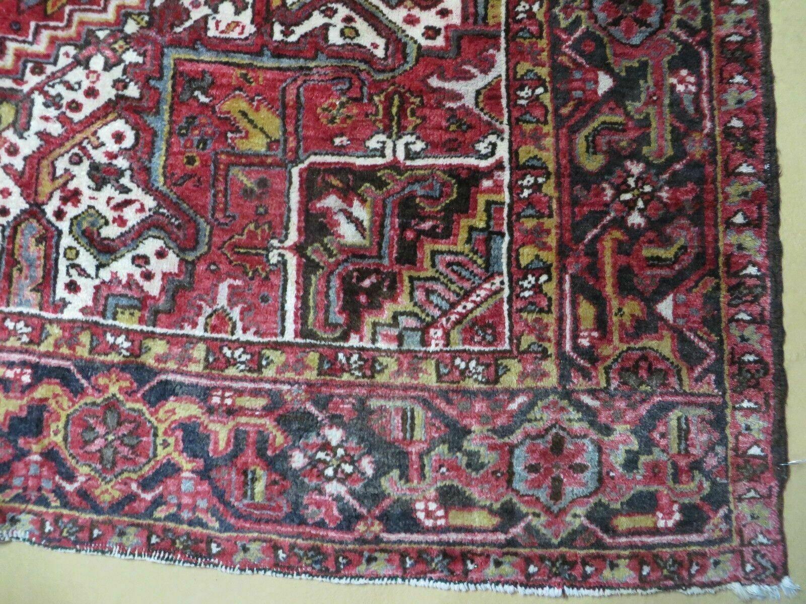 Heriz Rug 9x11, Geometric Persian Carpet Room Sized, Tribal Medallion Rug, Red Ivory Dark Blue Handmade Wool Rug for Living Room Dining Room - Image 9
