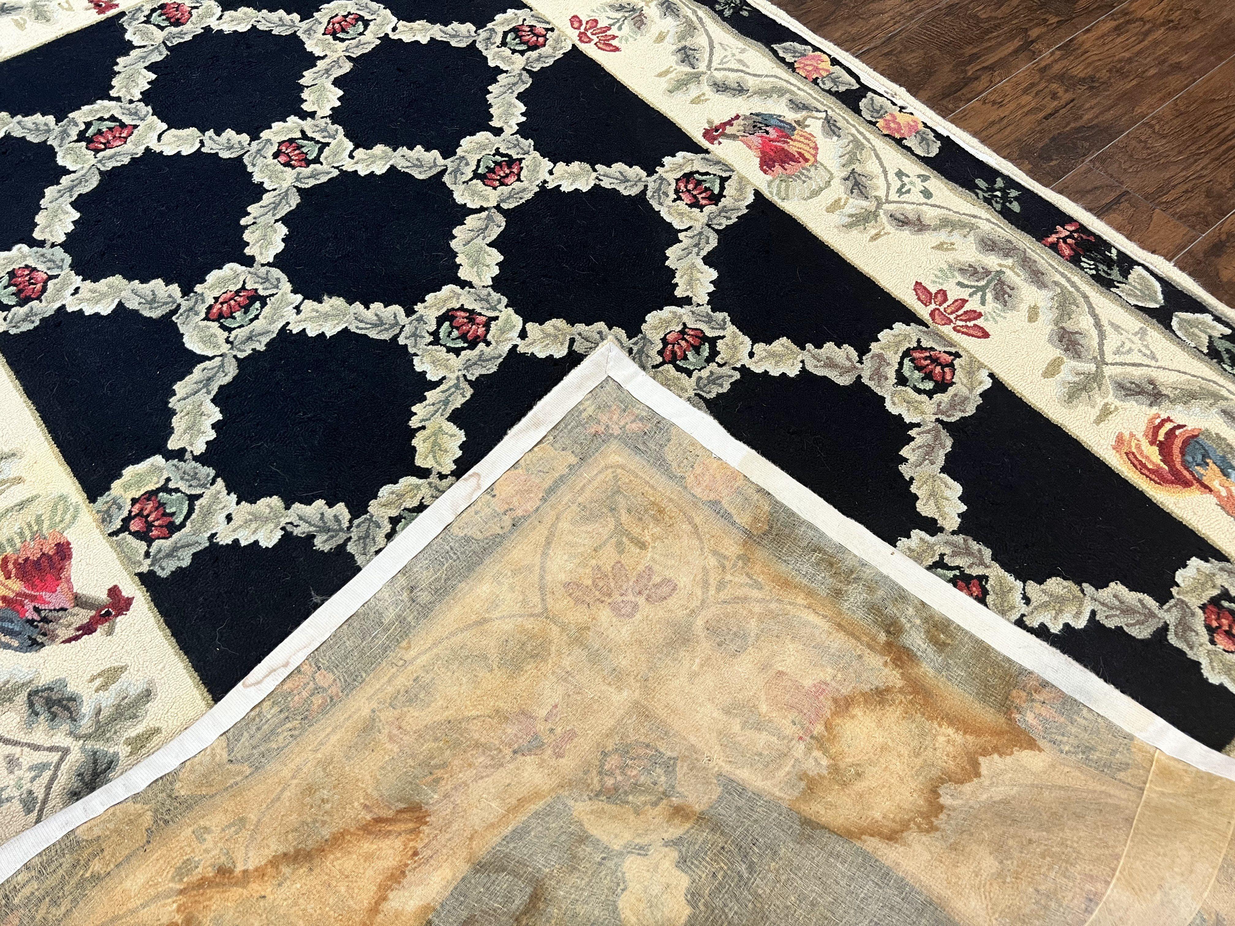 Hooked Rug 5x8, European Aubusson Pattern, Black and Ivory, Roses & Roosters, Vintage Wool Rug - Image 10