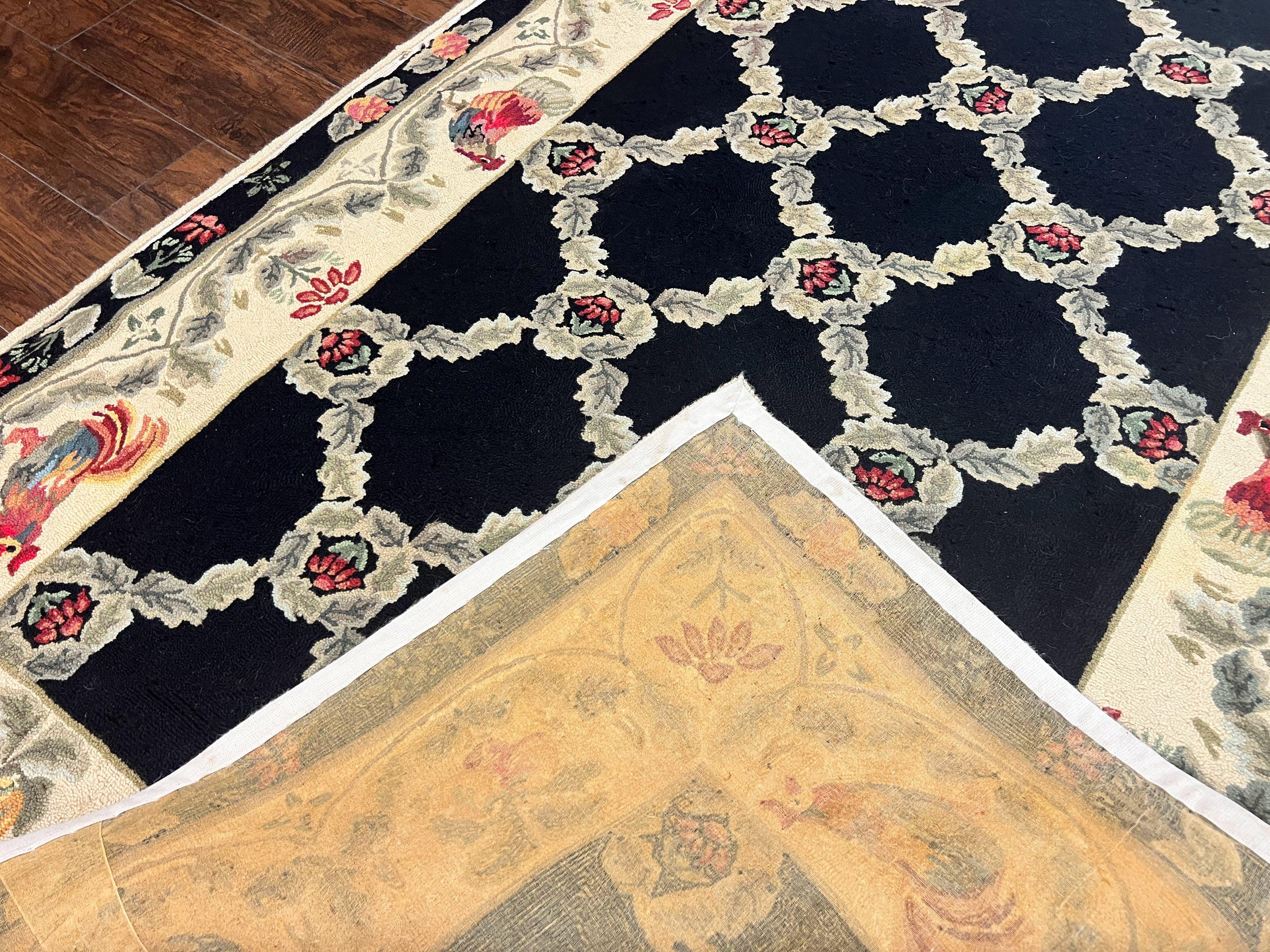 Hooked Rug 5x8, European Aubusson Pattern, Black and Ivory, Roses & Roosters, Vintage Wool Rug - Image 11