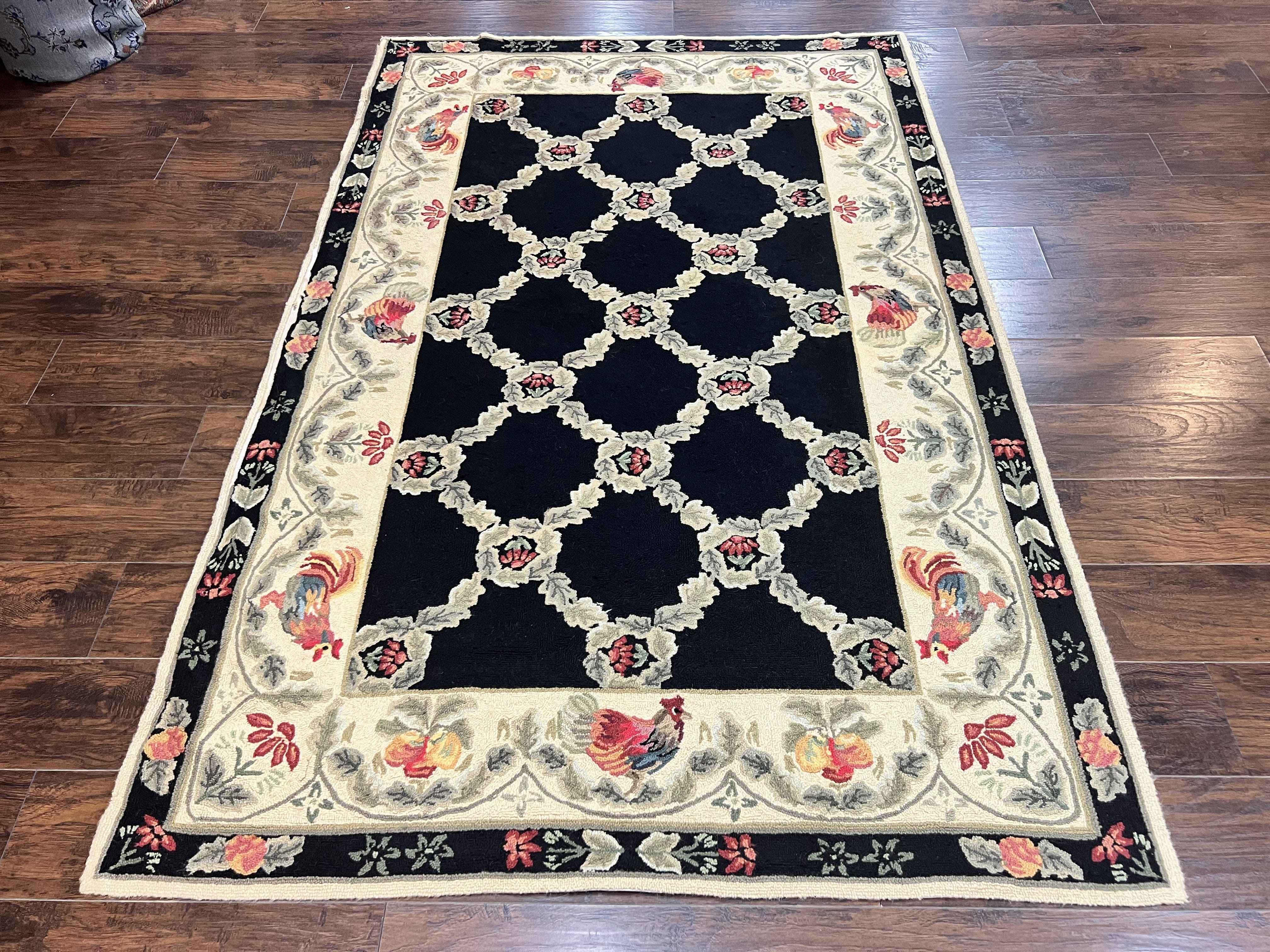 Hooked Rug 5x8, European Aubusson Pattern, Black and Ivory, Roses & Roosters, Vintage Wool Rug - Image 12
