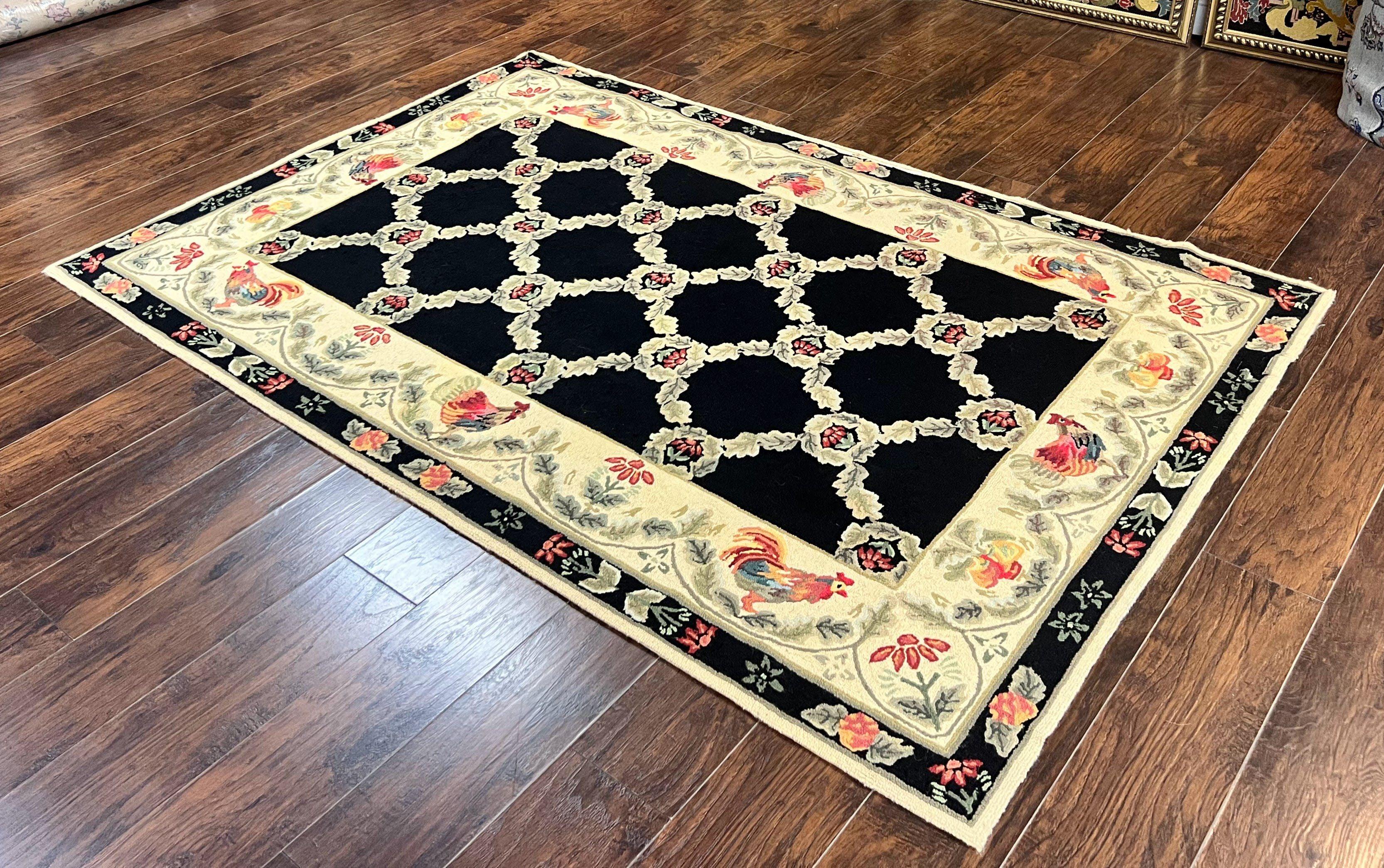 Hooked Rug 5x8, European Aubusson Pattern, Black and Ivory, Roses & Roosters, Vintage Wool Rug - Image 2