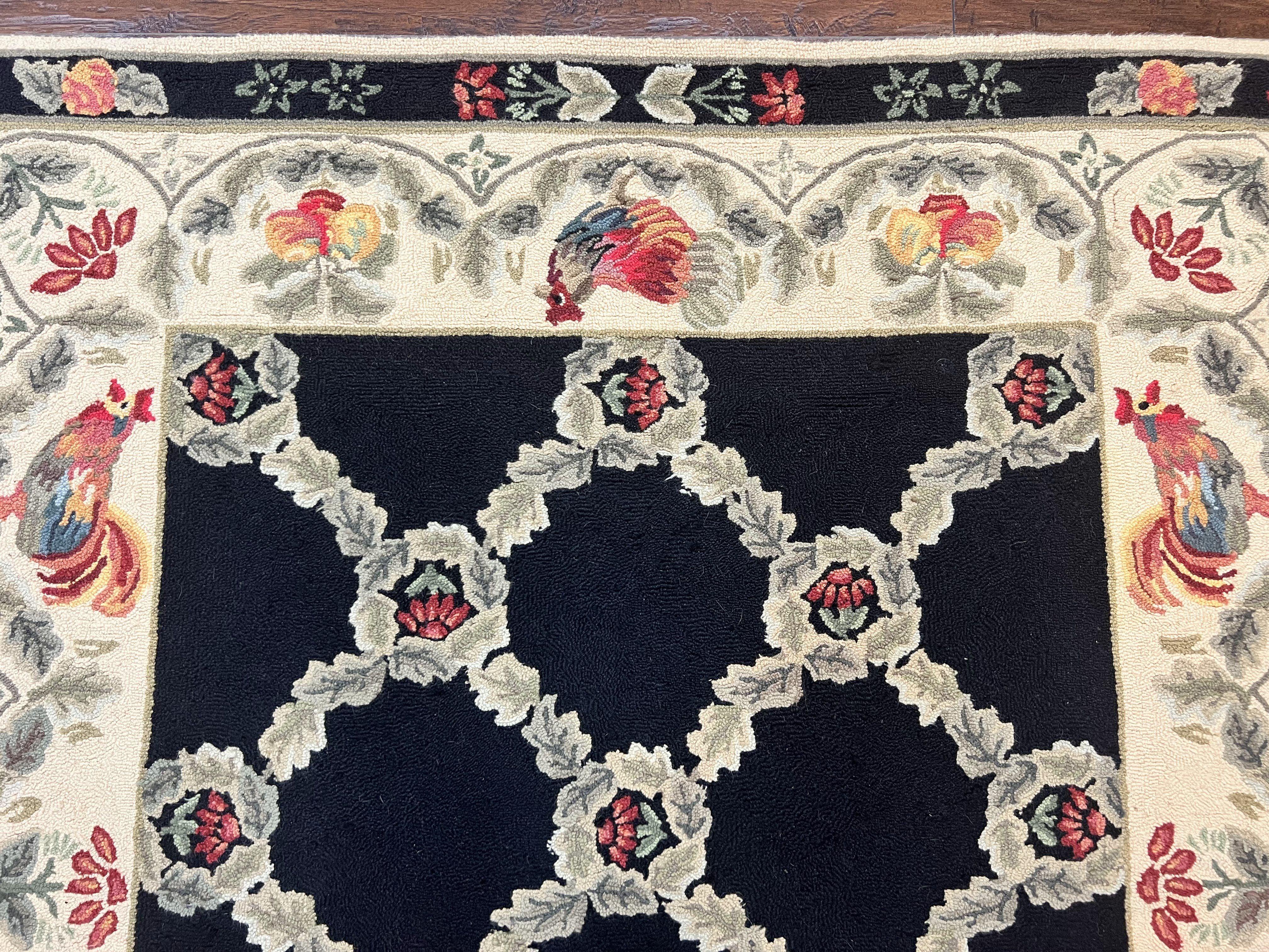 Hooked Rug 5x8, European Aubusson Pattern, Black and Ivory, Roses & Roosters, Vintage Wool Rug - Image 3