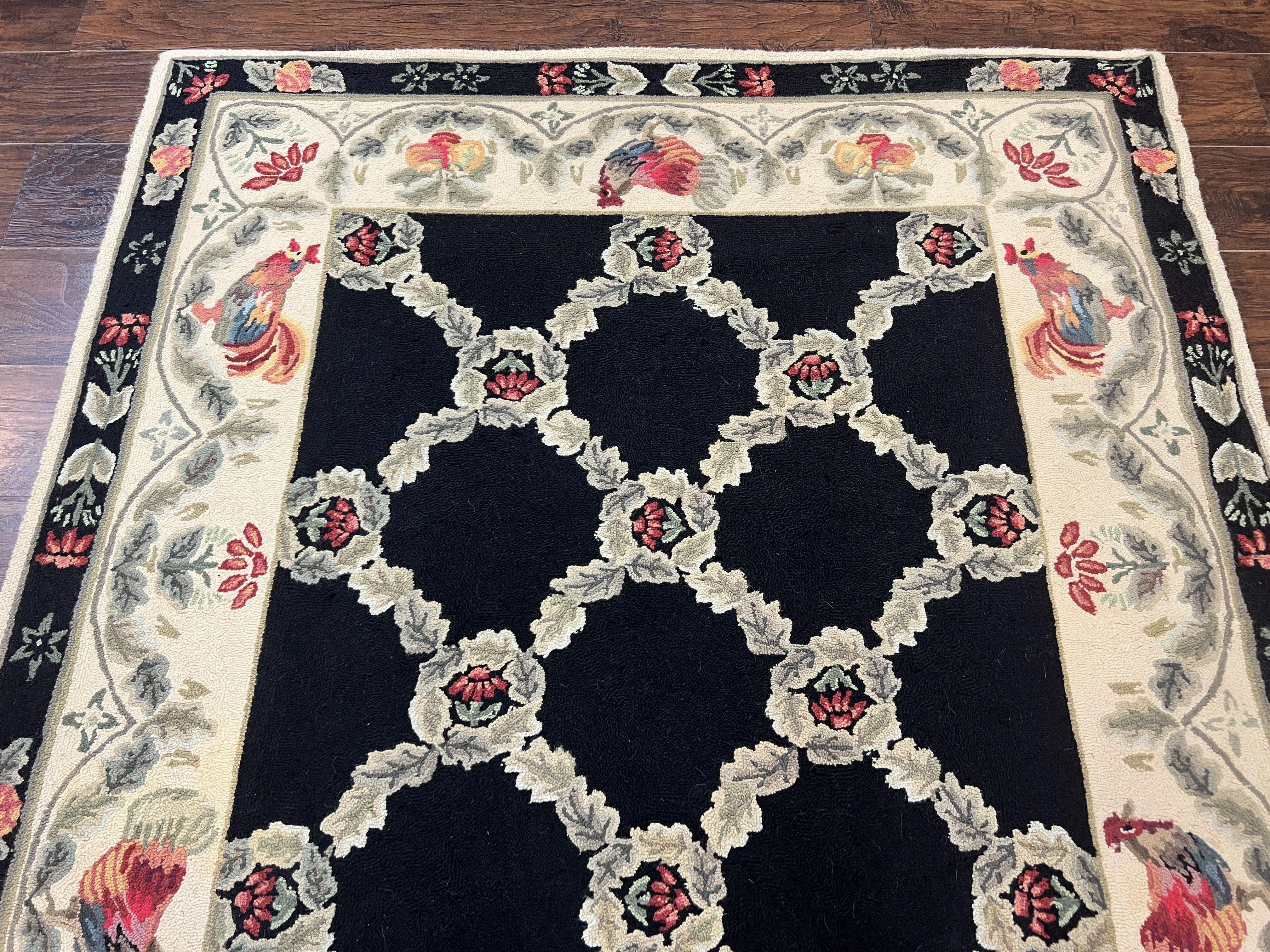 Hooked Rug 5x8, European Aubusson Pattern, Black and Ivory, Roses & Roosters, Vintage Wool Rug - Image 4