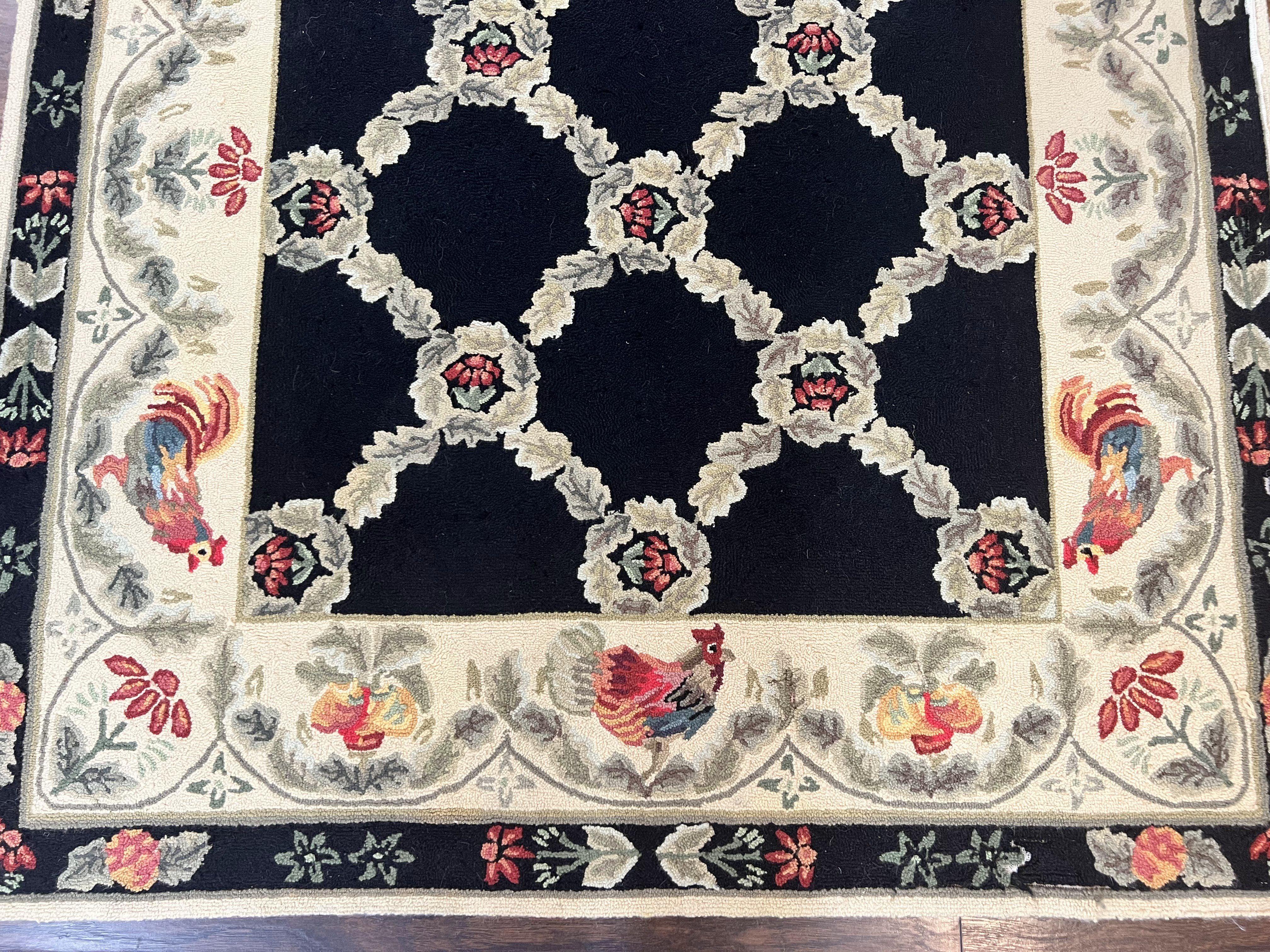 Hooked Rug 5x8, European Aubusson Pattern, Black and Ivory, Roses & Roosters, Vintage Wool Rug - Image 5