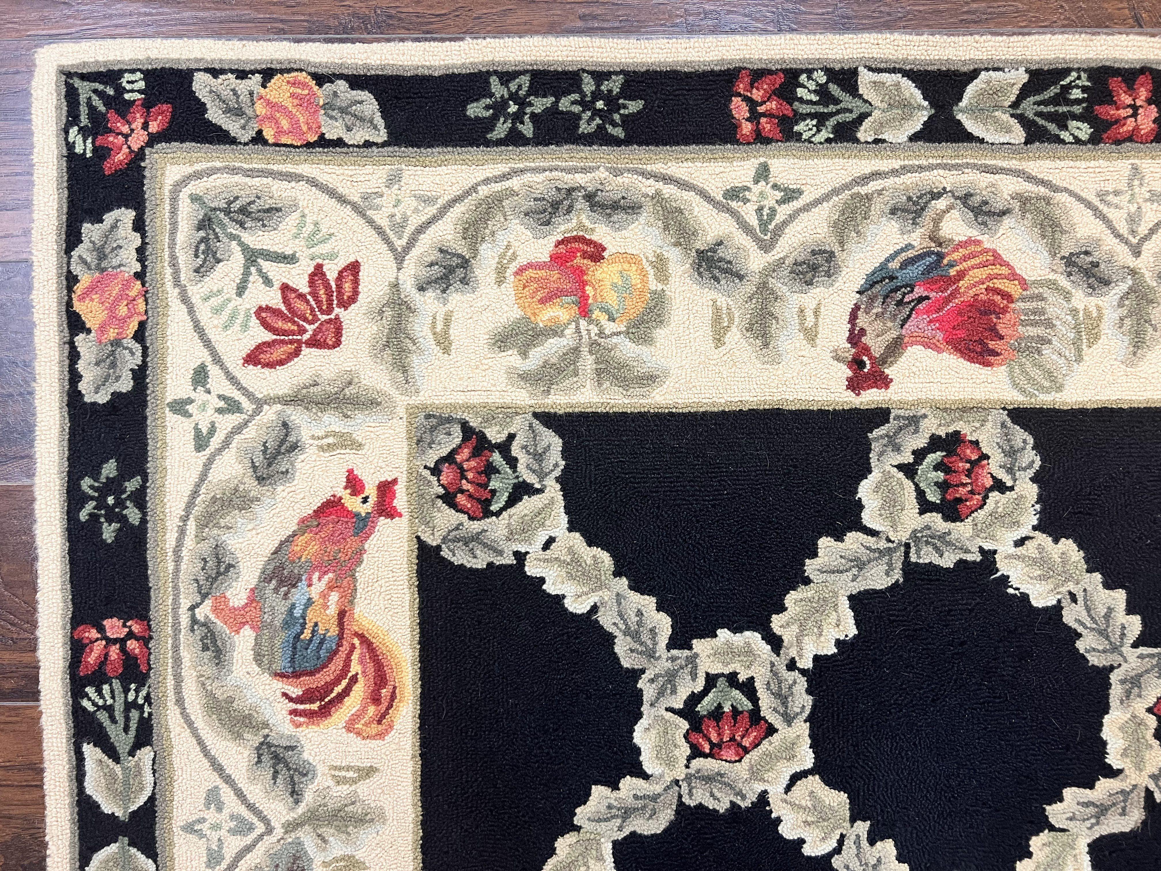 Hooked Rug 5x8, European Aubusson Pattern, Black and Ivory, Roses & Roosters, Vintage Wool Rug - Image 6